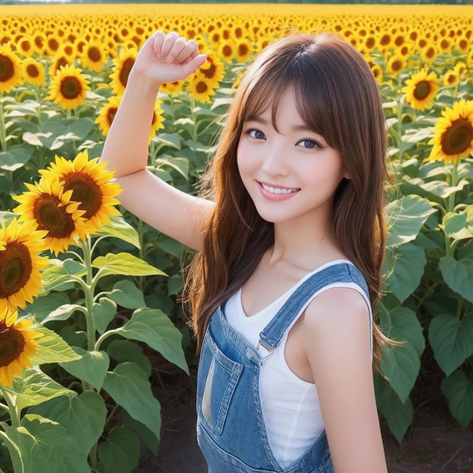 a beauty girl、overall、sunflowers fields