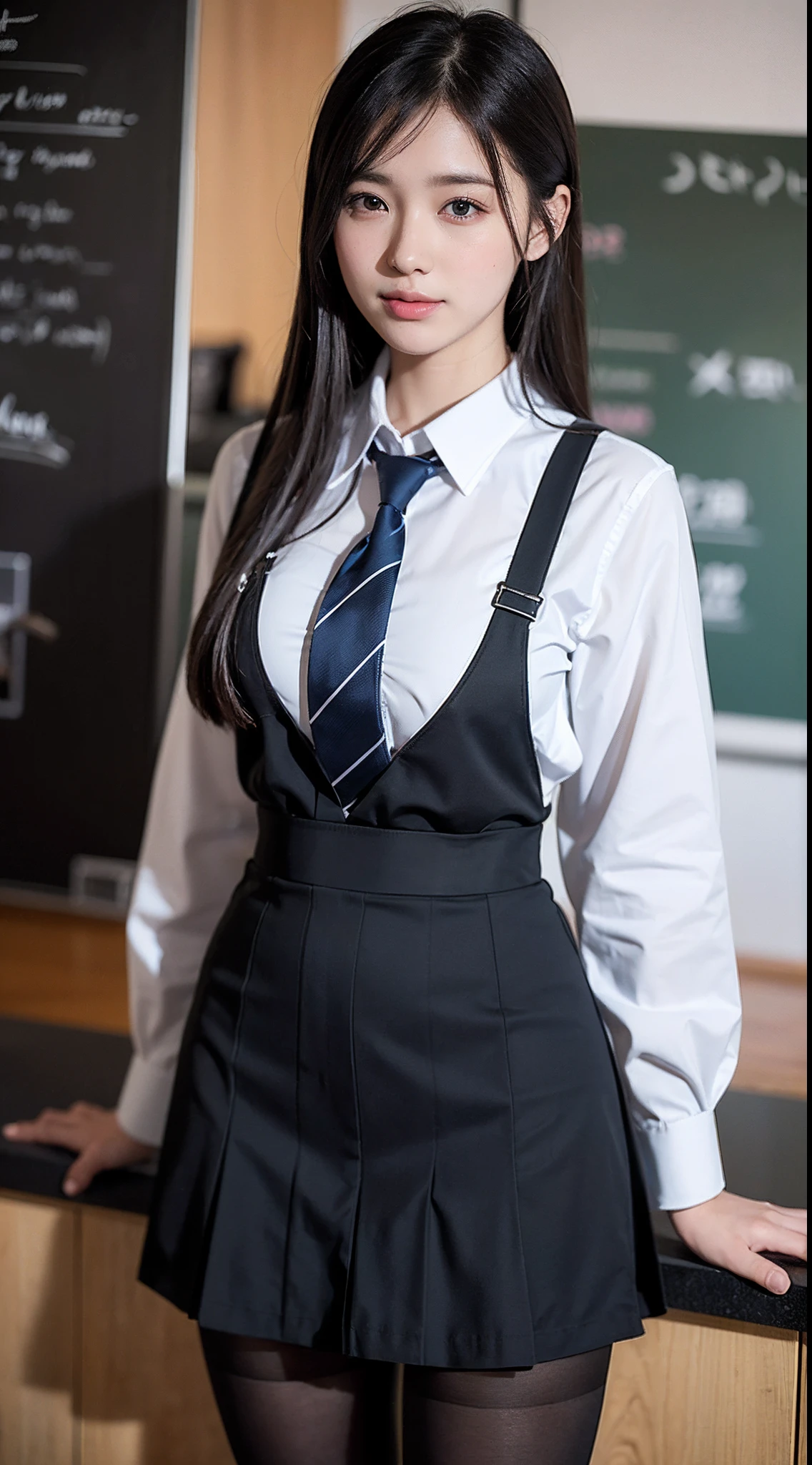 face is :9,3157126699], Realistic high school girl in uniform standing in front of the counter, 17 age、stature　159 cm,　Skirt and thighs、(Wearing black tights、Realistic tights)、japanese girl school uniform, Japan school uniform, wearing japanese school uniform, dressed as schoolgirl, a hyperrealistic schoolgirl, Realistic Schoolgirl, a hyperrealistic schoolgirl, JK Uniform, Cute Schoolgirl, Seifuku, Wearing school uniform、A smile、Raw photo, (in 8K、top-quality、​masterpiece:1.2)、(intricate detailes:1.4)、(Photorealsitic:1.4)、octane renderings、Complex 3D rendering ultra detail, Studio Soft Light, Rim Lights, vibrant detail, super detailing, realistic skin textures, Detail Face, Beautiful detail eyes, Very detailed CG Unity 16k wallpaper, make - up, (detailedbackground:1.2),　shinny skin、turned around、Exposed thighs!!!、