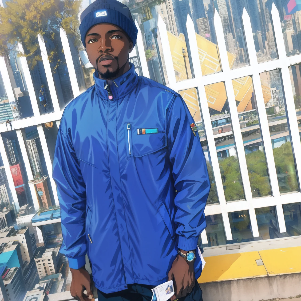 African man in blue jacket standing in a futuristic city, album photo, discovered photo, taken in the early 2020s, george pemba, mongezi ncaphayi, profile photo, barry qindsor-smith, he is about 2 , a photo of a man, he is about 3 0 years old, Cyberpunk Aesthetics, 80s style anime.