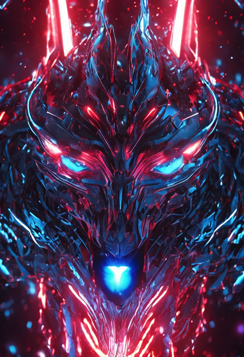 Cosmic Fallen Angel, glowing light eyes, Biomechanical, Very bright colors, Light particles, with light glowing, Mshiff, wallpaper art, UHD wallpaper,Strong red and blue light and shadow