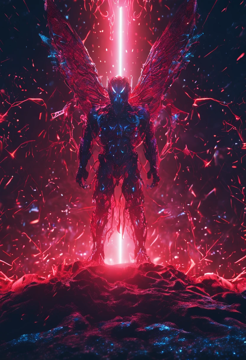Cosmic Fallen Angel, glowing light eyes, Biomechanical, Very bright colors, Light particles, with light glowing, Mshiff, wallpaper art, UHD wallpaper,Strong red and blue light and shadow