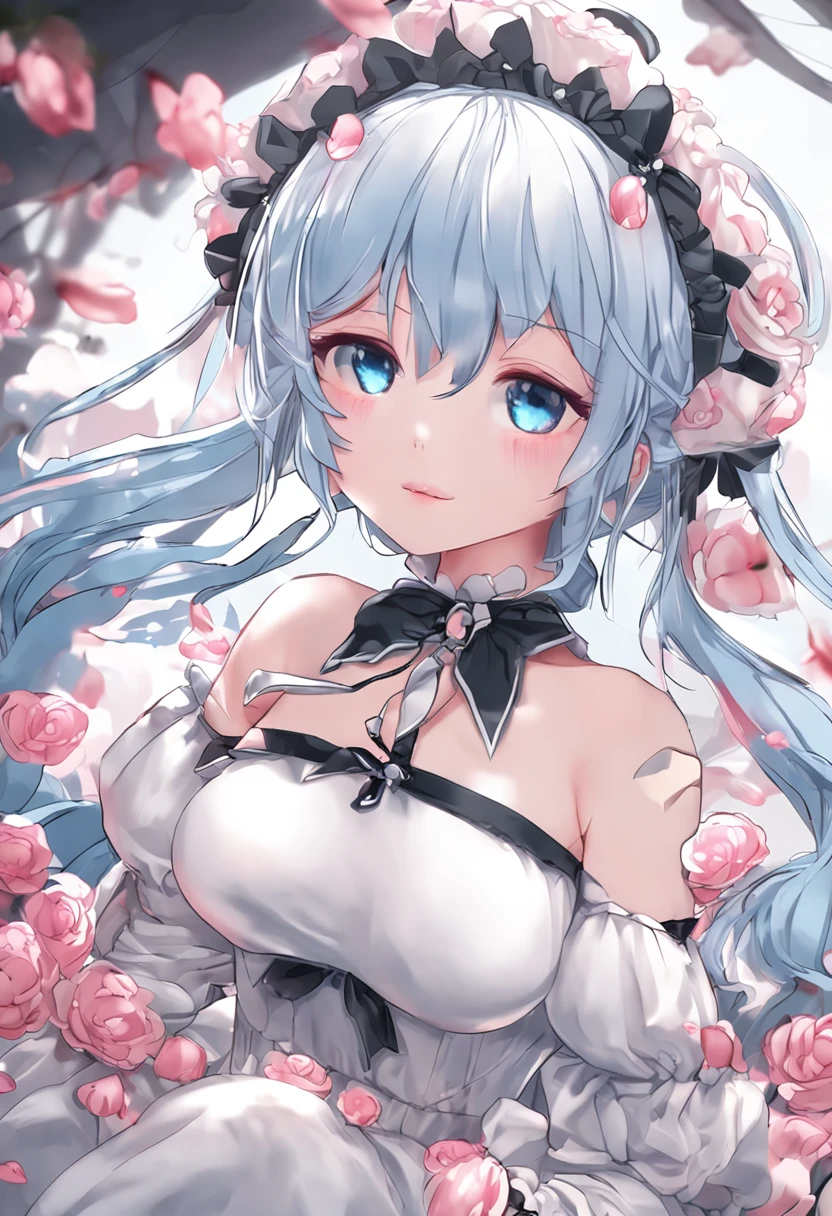 Girl in white and black maid clothes, loli in dress,Perfect light blue hair All light blue hair loose and long hair Pink Hair Ornament Pink Flower Hair Ornament 8k high quality detailed art Fine details Colossal tits Blue eyes Cum On tits Young face Emphasize Water droplets on