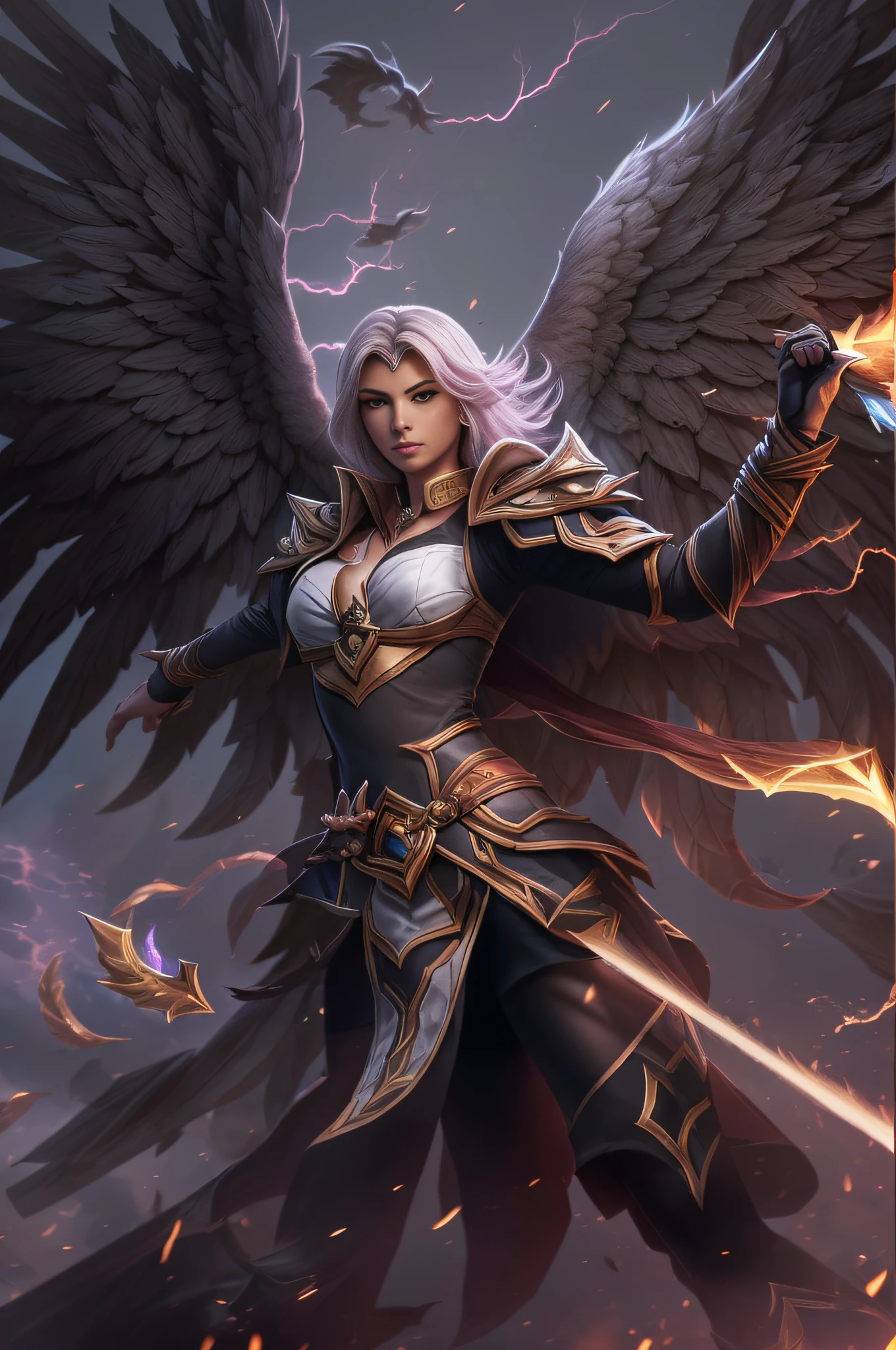 volumetric cinematic lighting, (highly detailed:1.4), smooth, sharp focus, full body 8k unity render, action shot, realistic reflections, cinematic composition, <lora:tool - more_details:0.35>
celestine, <lora:Saint Celestine MK1 by CARAXES:0.8>
detailed armor, detailed face, golden armor, weapon details, iron halo, angel,
intricate ornamented, full armor, loin cloth, holding sword, ((angel wings:1.4)),
blonde hair, long hair, pretty face, skin pores, rugged, metallic armor, serene looking, dynamic posture, flying above ruined buildings, flowers
ruined cathedral, war, urban landscape background, particles floating, clear sky, bright cinematic lighting, soft shadows,