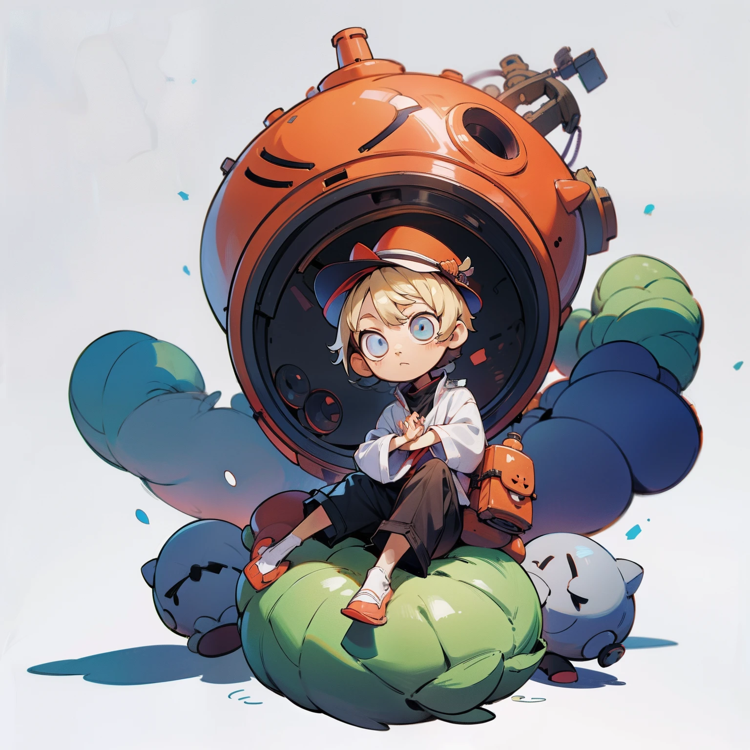 masutepiece, Best Quality, Full body shot, (No background), ((White background)), ((Man's)), Chibi, Meditation Master, wearing a giant machine hat