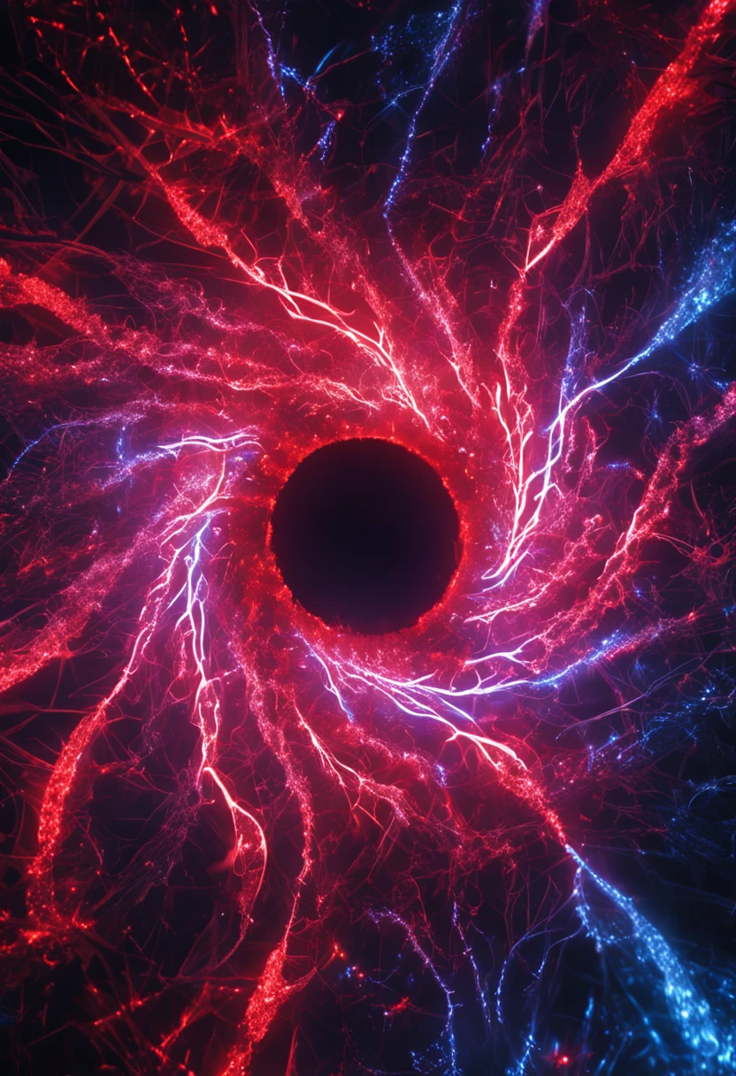Cosmic Fallen Angel, glowing light eyes, Biomechanical, Very bright colors, Light particles, with light glowing, Mshiff, wallpaper art, UHD wallpaper,Strong red and blue light and shadow