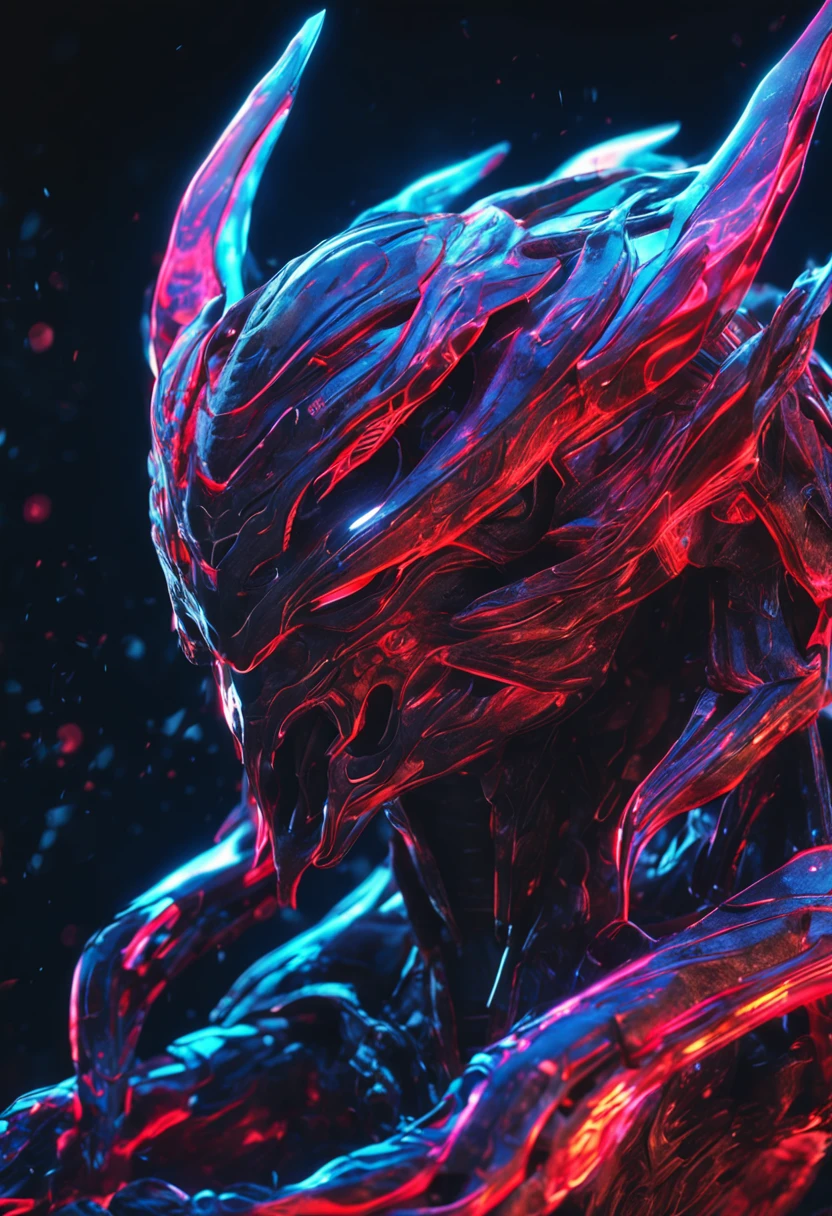 Cosmic Fallen Angel, glowing light eyes, Biomechanical, Very bright colors, Light particles, with light glowing, Mshiff, wallpaper art, UHD wallpaper,Strong red and blue light and shadow