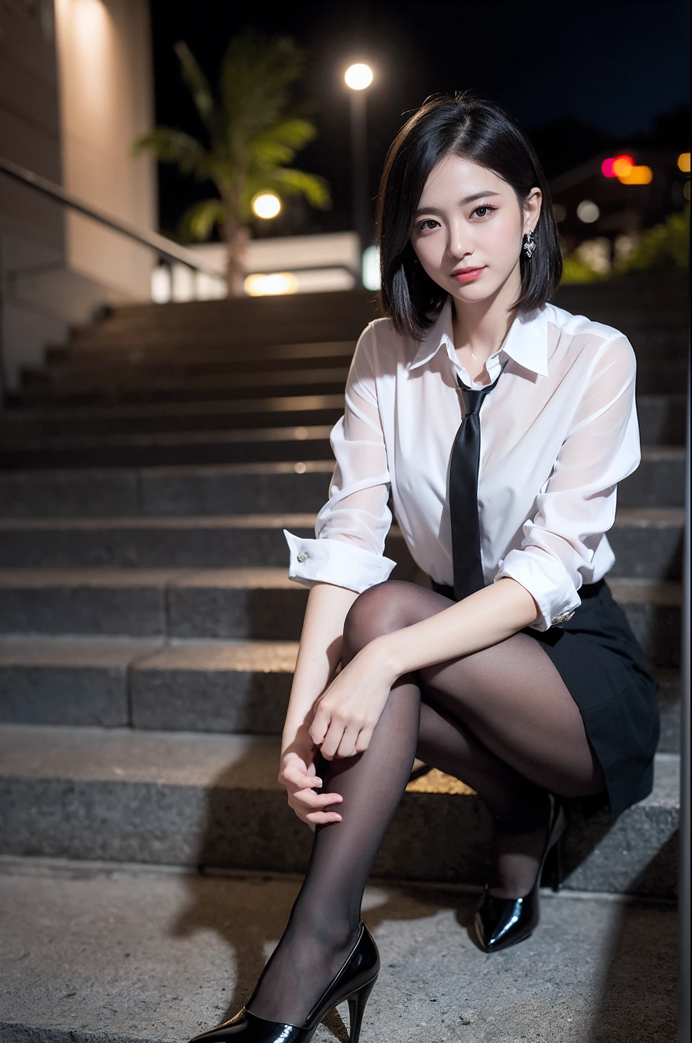 face is :9,3157126699], -yeld dater、Layer Hair、Formal shirts、Formal skirt、Smiling smile、long eyeslashes、Beautiful double eyelids、beauty legs、pantyhose、short-hair、In front of the station at night、Stairs at night、crouching down、Sit up、Raw photo, (in 8K、top-quality、​masterpiece:1.2)、(intricate detailes:1.4)、(Photorealsitic:1.4)、octane renderings、Complex 3D rendering ultra detail, Studio Soft Light, Rim Lights, vibrant detail, super detailing, realistic skin textures, Detail Face, Beautiful detail eyes, Very detailed CG Unity 16k wallpaper, make - up, (detailedbackground:1.2),　shinny skin、Luxury high heels、