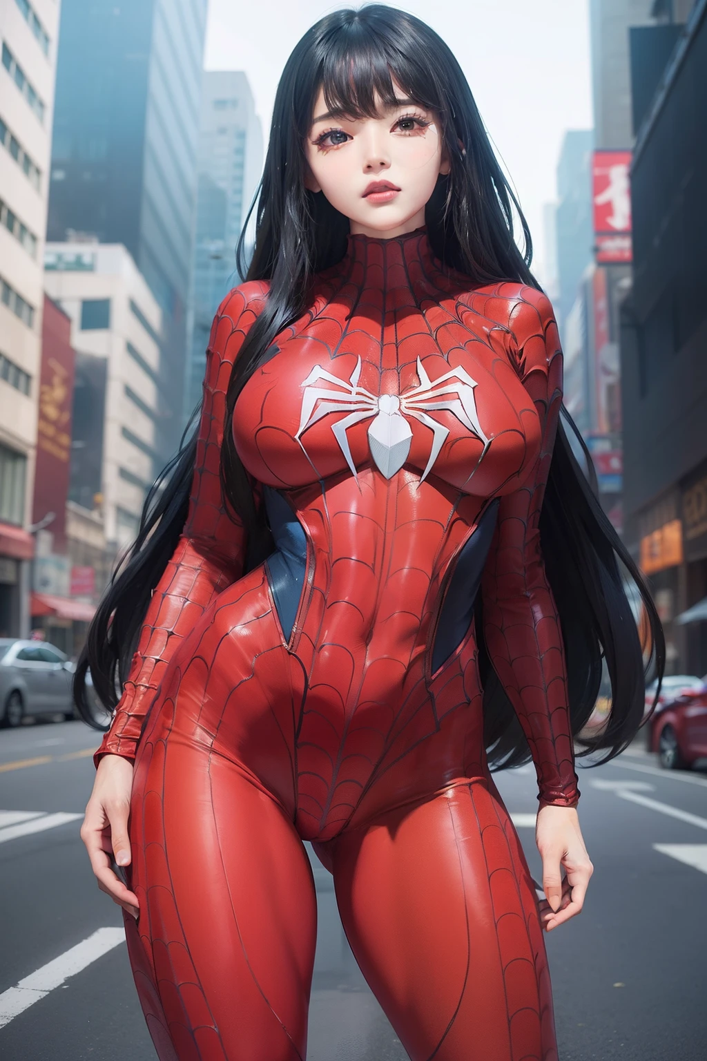 ​masterpiece、top-quality、hight resolution、(Realism:1.4)、(depth of fields:1.5)、1 girl in、(A detailed face)、(upper_body:1.5)、Standing in a big city、
 hair wavy、large full breasts、looking at the viewers、(Spider-Woman Suit:1.4)、Photorealsitic、(Show off your crotch)、(M-shaped legs:1.3)、(Open your legs with both hands)、Mansuji、mekosji

(egyosar:0.3), (ulzzang-6500:1),