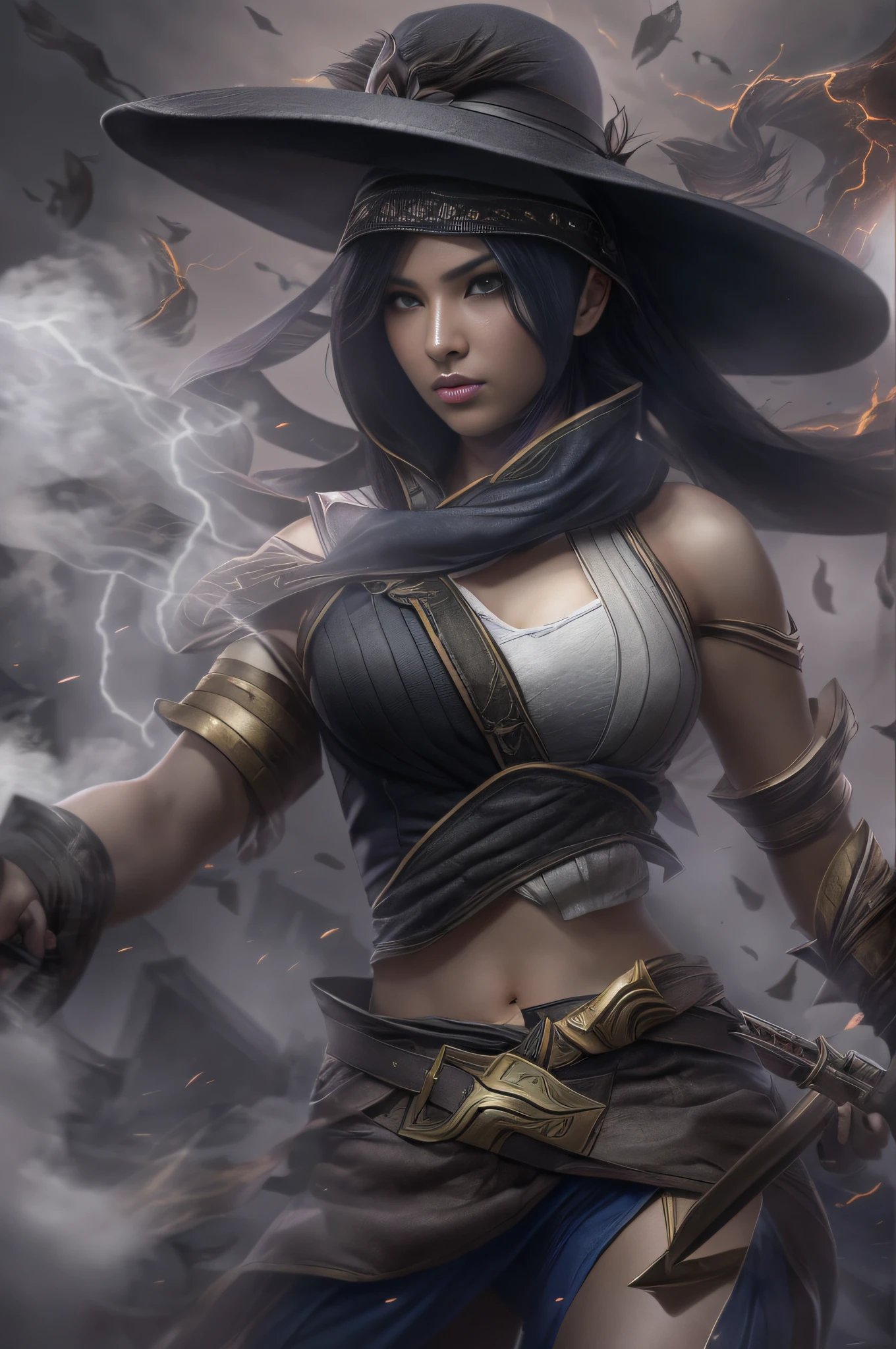 ((Akali de League of Legends, Ultra realista)), (((corpo inteiro))), (((perfect hands))), Usando a Arma Samurai, fundo antigo, (((armas perfeitas))), elegante, gray and black smoke, atordoante, hyper realistic, octan render, surrounded by the effect of smoke and lightning,  Estilo League of Legends, fundo antigo, elegante, deslumbrante, (papel de parede), arte conceitual, detalhes intrincados, altamente detalhado, ((cinemactic)), Dramatic, (mais alta qualidade, Concedido, obra-prima:1.5), (fotorrealista:1.5), fotografia, Realistic photo, Nikon, Luz Natural, 4k, highes definition, XF IQ4, 150MP, 50 millimeters, ISO 1000 Certification, 1/Anos 250, Luz Natural, Adobe Lightroom, photolab, Photographic Affinity, PhotoDirector 365,