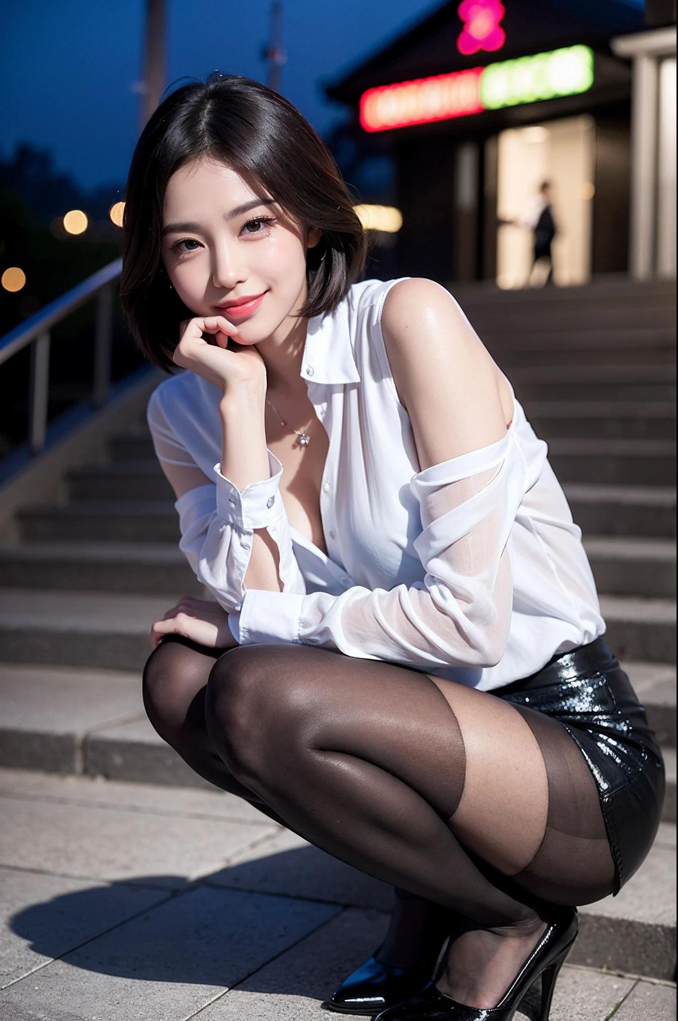 face is :9,3157126699], 17-year-old daughter、Layer Hair、Formal shirts、Formal skirt、Smiling smile、long eyeslashes、Beautiful double eyelids、beauty legs、pantyhose、short-hair、In front of the station at night、Stairs at night、crouching down、Sit up、Raw photo, (in 8K、top-quality、​masterpiece:1.2)、(intricate detailes:1.4)、(Photorealsitic:1.4)、octane renderings、Complex 3D rendering ultra detail, Studio Soft Light, Rim Lights, vibrant detail, super detailing, realistic skin textures, Detail Face, Beautiful detail eyes, Very detailed CG Unity 16k wallpaper, make - up, (detailedbackground:1.2),　shinny skin、Luxury high heels、