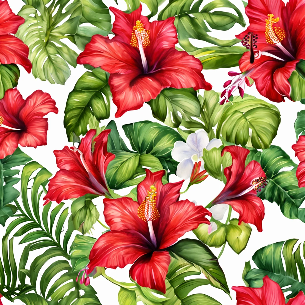 there is a red flower with green leaves on a black background, tropical flowers, tropical flower plants, hibiscus flowers, beautiful tropical flowers, blooming tropical flowers, tropical background, tropic plants and flowers, large exotic flowers, hibiscus, flower, flower background, flowers in background, flowers background, tropical, photorealistic print of exotic, flowers
