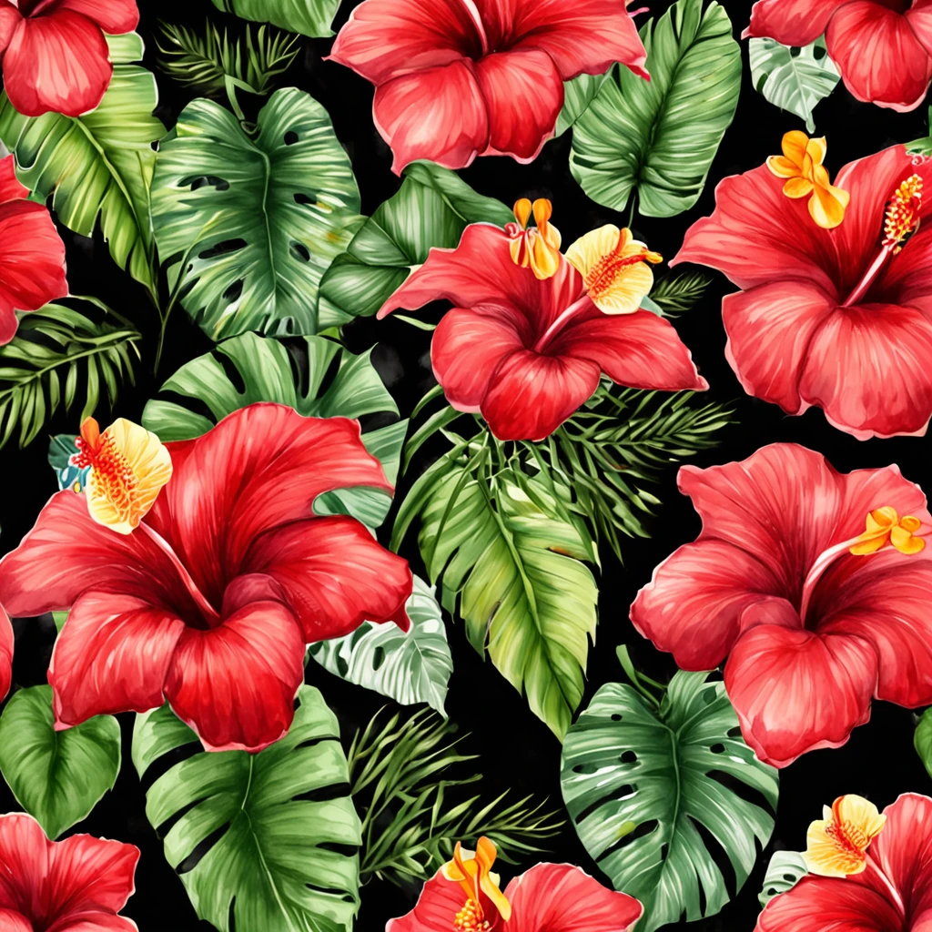 there is a red flower with green leaves on a black background, tropical flowers, tropical flower plants, hibiscus flowers, beautiful tropical flowers, blooming tropical flowers, tropical background, tropic plants and flowers, large exotic flowers, hibiscus, flower, flower background, flowers in background, flowers background, tropical, photorealistic print of exotic, flowers