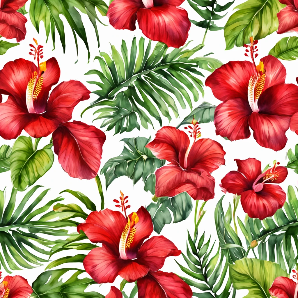 there is a red flower with green leaves on a black background, tropical flowers, tropical flower plants, hibiscus flowers, beautiful tropical flowers, blooming tropical flowers, tropical background, tropic plants and flowers, large exotic flowers, hibiscus, flower, flower background, flowers in background, flowers background, tropical, photorealistic print of exotic, flowers