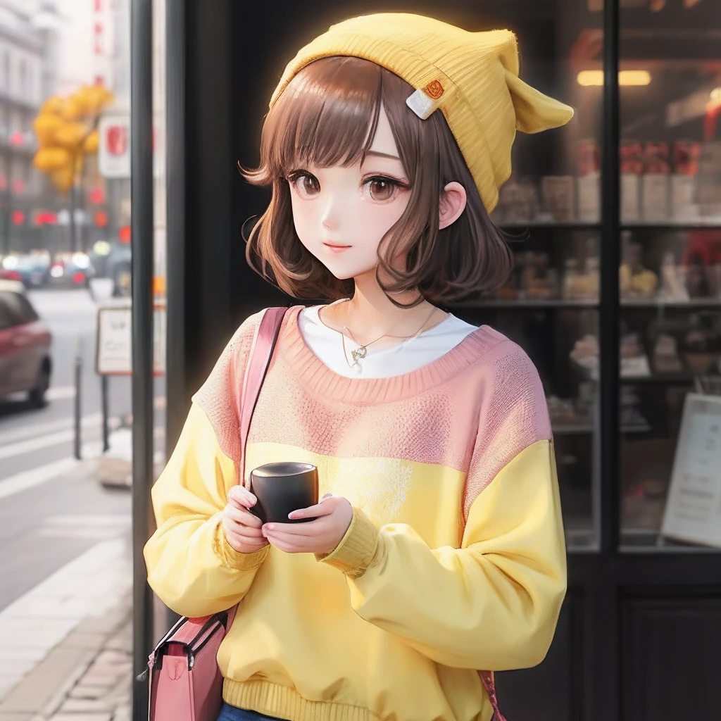 Anime Short Brown hair girl with yellow sweater and pink stripe