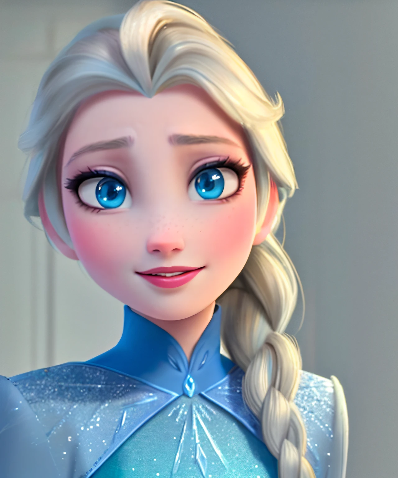 (​masterpiece:1.4), (Better Quality:1.4), (High resolution:1.4), (natta:1.2), (sportrait:1.2),  elsa of arendelle, Ice Blue Dress, (Single braid:1.1) ,Single braid, Disney  style, Disney Animation, disney movie, ,professional photograpy,  closes mouth, a closed mouth, A slight smil