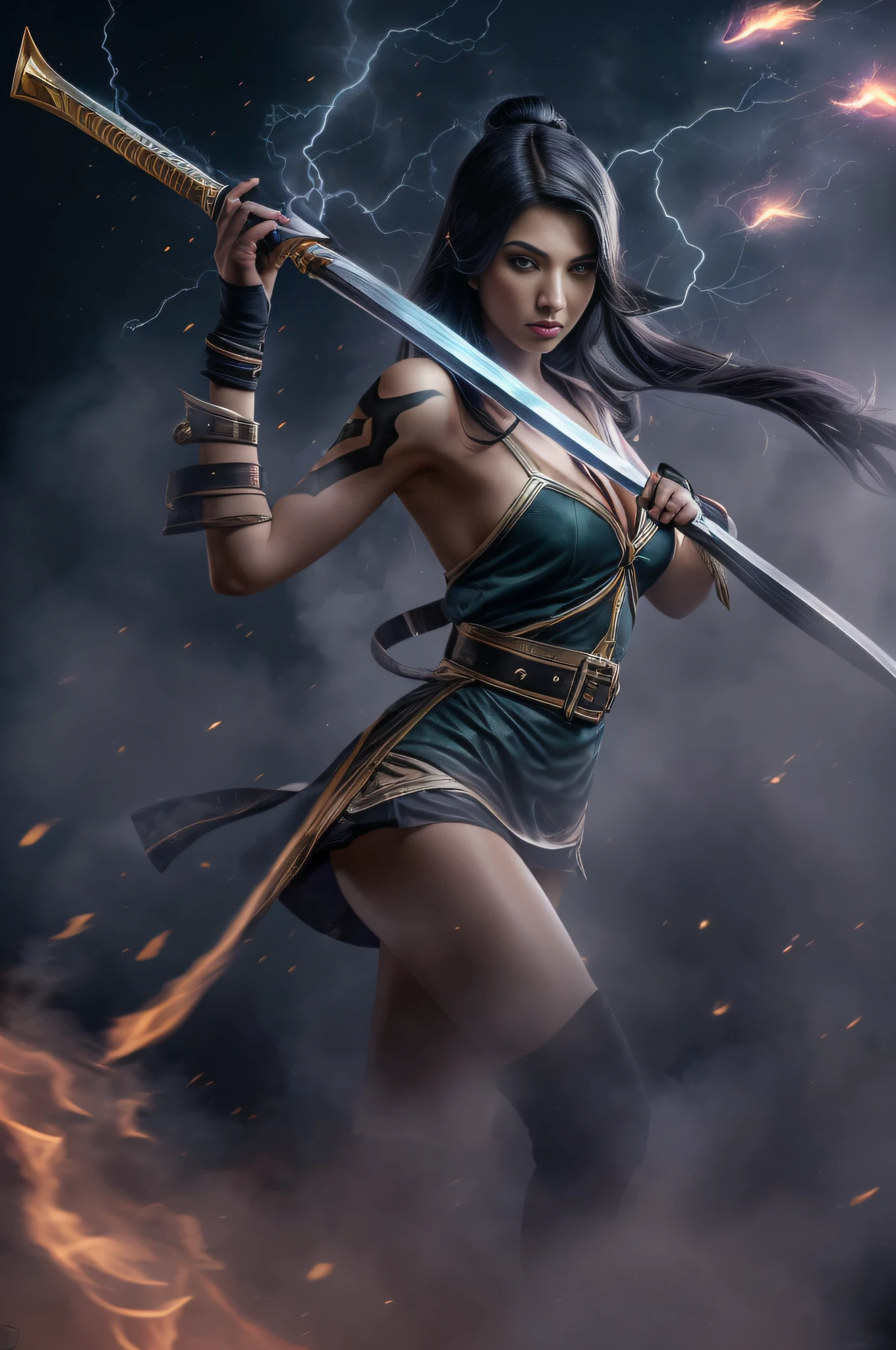 ((Akali de League of Legends, Ultra realista)), (((corpo inteiro))), (((perfect hands))), Usando a Arma Samurai, fundo antigo, (((armas perfeitas))), elegante, gray and black smoke, atordoante, hyper realistic, octan render, surrounded by the effect of smoke and lightning,  Estilo League of Legends, fundo antigo, elegante, deslumbrante, (papel de parede), arte conceitual, detalhes intrincados, altamente detalhado, ((cinemactic)), Dramatic, (mais alta qualidade, Concedido, obra-prima:1.5), (fotorrealista:1.5), fotografia, Realistic photo, Nikon, Luz Natural, 4k, highes definition, XF IQ4, 150MP, 50 millimeters, ISO 1000 Certification, 1/Anos 250, Luz Natural, Adobe Lightroom, photolab, Photographic Affinity, PhotoDirector 365,