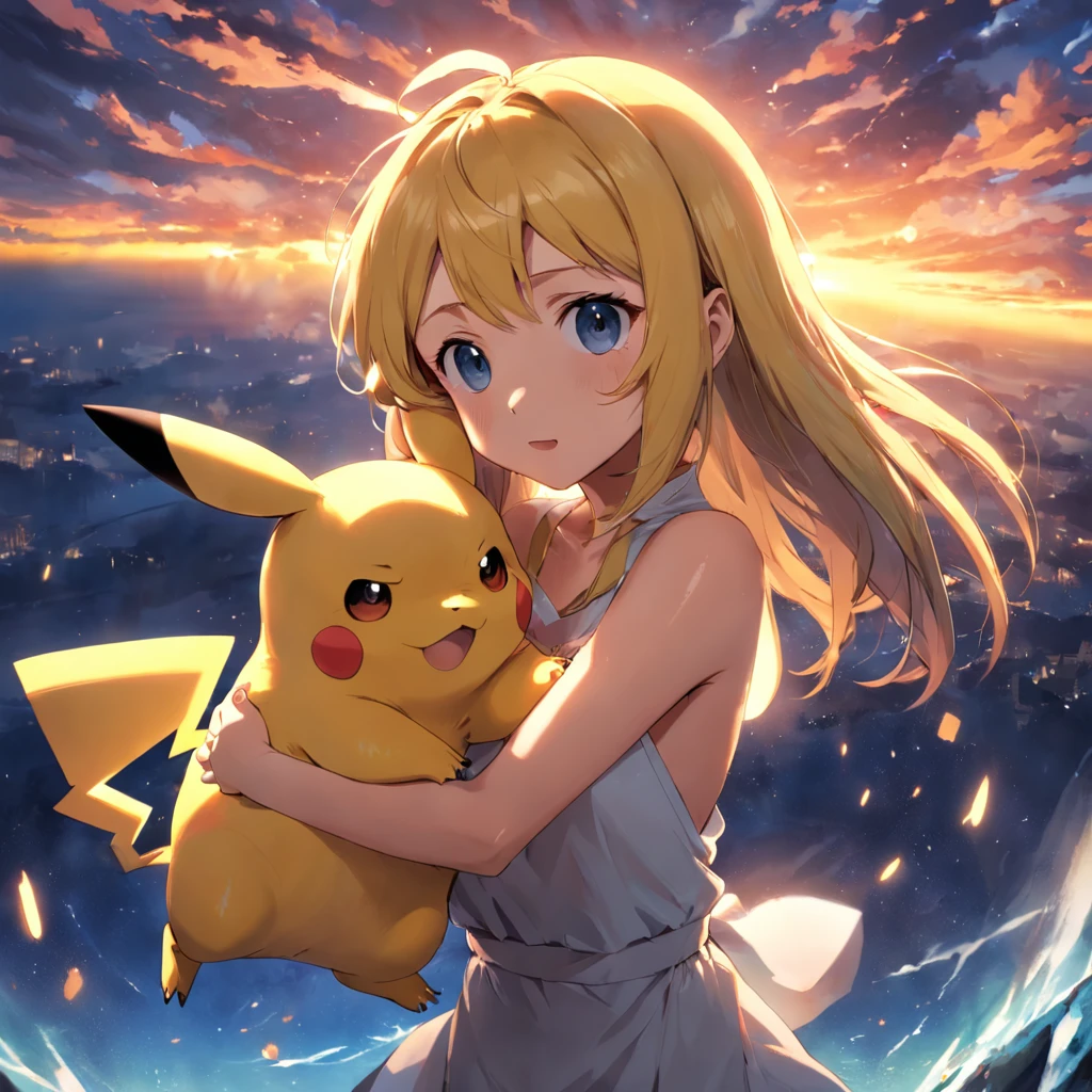 tmasterpiece,best qualtiy,cinematic Film still from,Pikachu,salama,Being held in the arms of a girl,Floating in the sky,closeup cleavage,brightly,cheerfulness,Warm and soft lighting,the sunset,(spark of light:0.7)