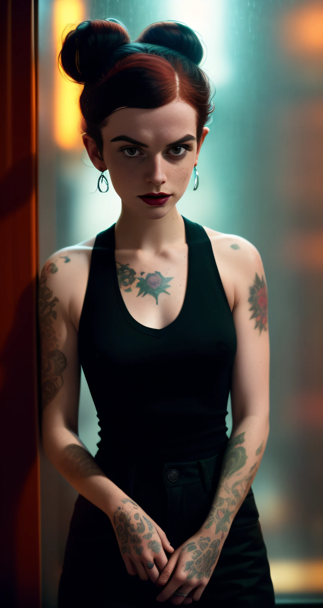 abstract colors, texture, film grain, skin pores, dusty atmospheric haze, vignetting, wrinkles:0.2 intricate hasselblad dslr RAW dramatic portrait photo of (ruby rose betty boop abby sciuto rose leslie rosie the riveter)1.2 smiling wistfully, petite nerdy goth chick wearing (tight distressed black jeans)1.4, wearing a (tank top)1.2, (space buns)1.3, (freckles)1.1, analog style eye contact nofilter selfie, posing against a wet rainy window overlooking a rainy (neon solarpunk)1.2 city street at night, (backlit)1.2, (film grain)1.2, cinematic movie still frame, low-rise dark jeans, rose tattoos, combat boots, wistful smile