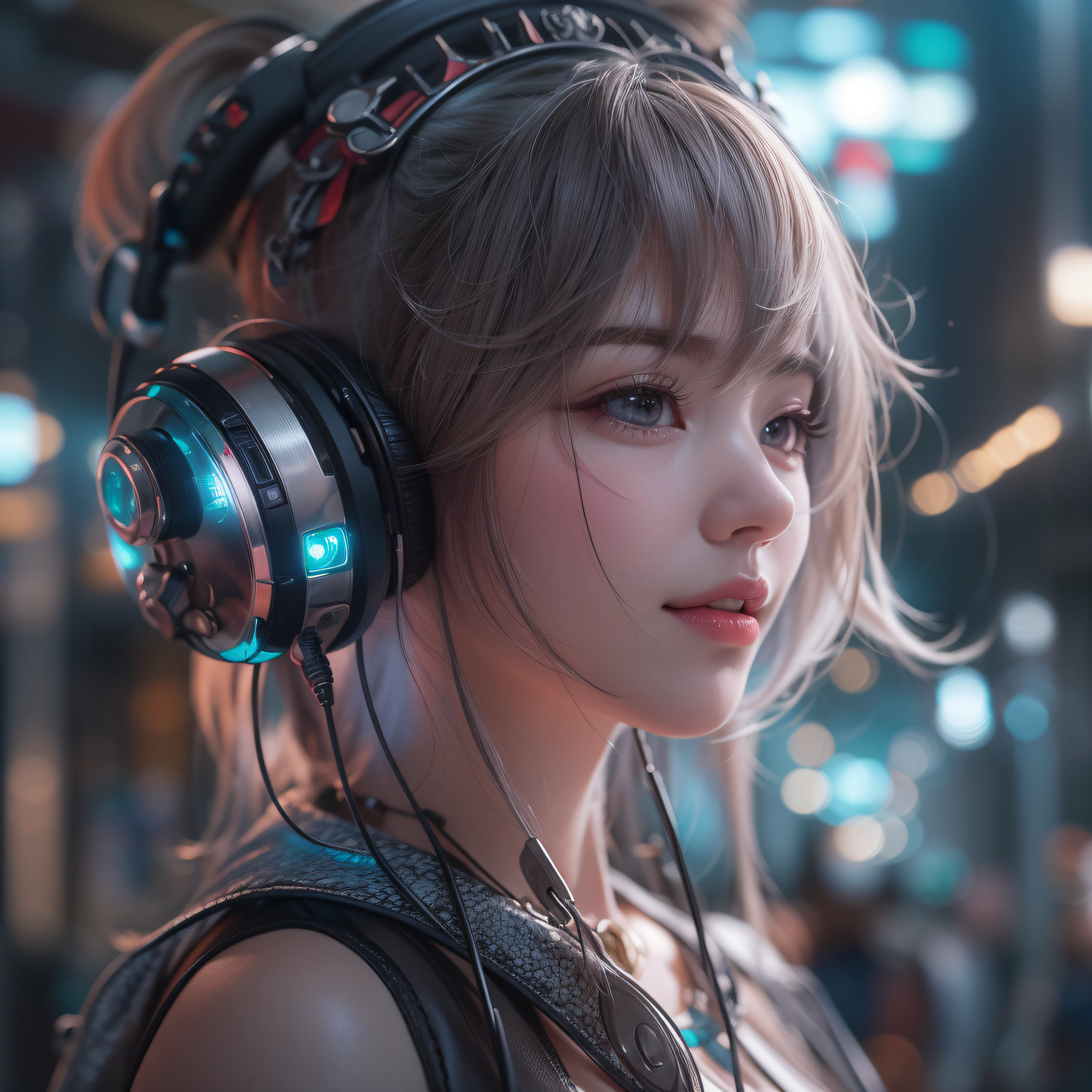 Close up of a smile with the corners of the mouth raised、head phone、head phone、Punk Fashion Cosplay、(realisitic、hight resolution)、(1 girl in)、Do-Up Eye、Korean Girl、(Best Quality), (masutepiece), (1girl in), Solo, a beauty girl, Perfect face, Big Breast,dreamlikeart、Highly detailed airbrush art((Surreal))、Volumetric lighting、(top-quality)、The ultra-detailliert、(The composition of the movement:1.4)、Highly detailed colorful details、(Bright lighting)、dynamic compositions、Ray traching、The mirror reflects light、Shallow depth of field、ultra-detailliert、mixing exposure、nffsw、
