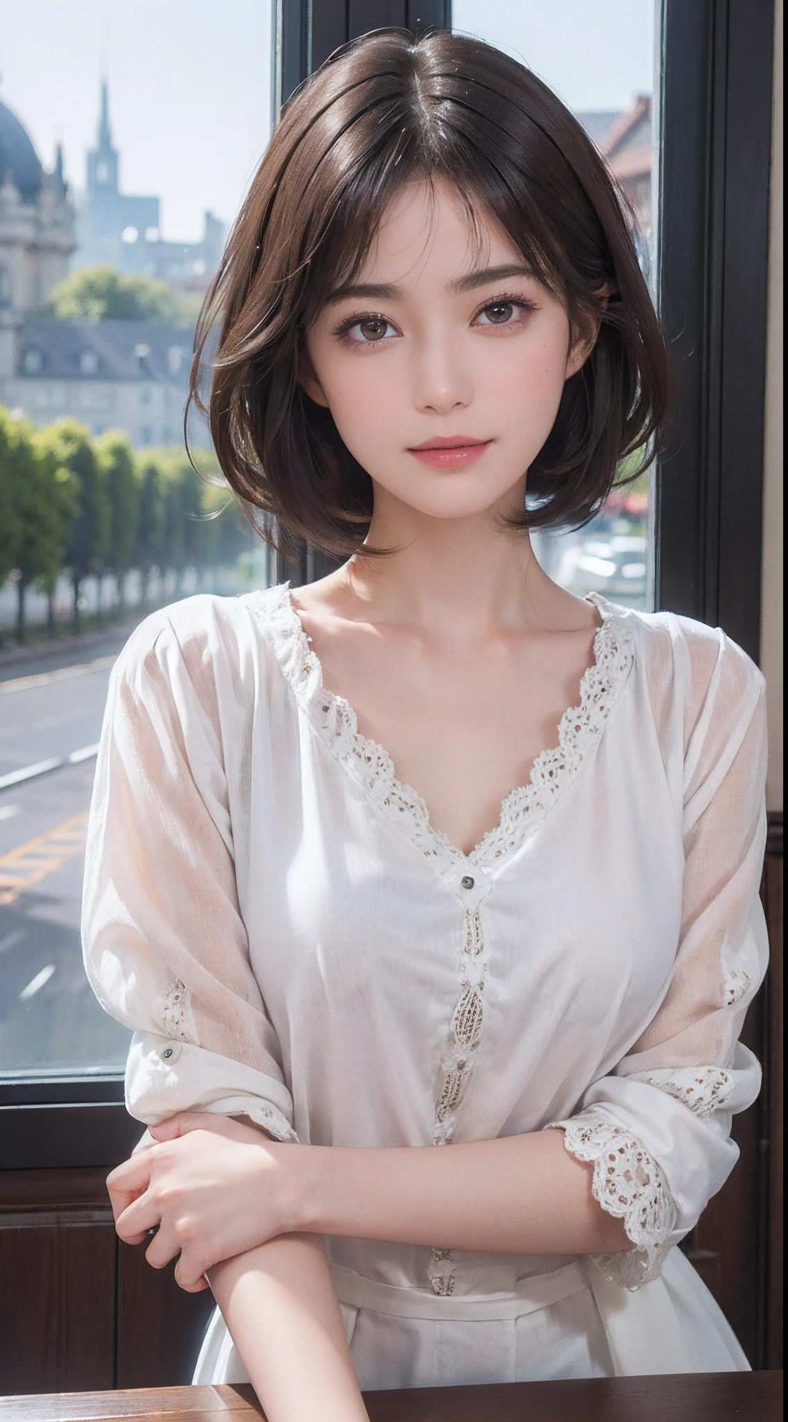 (Masterpiece:1.3), (8K picture quality), Photorealsitic, Raw photo,  (Best Quality: 1.4), (1womanl), Pretty Face, (Realistic face), (A dark-haired, Short hair:1.3), Beautiful hairstyle, Realistic eyes, Detailed fine eyes, (Realistic skin), Beautiful skin, (Breasttop), Absurd, Attractive, Ultra-detailed resolution, the golden ratio, Very detailed, depth of fields, By the window of the café, A slight smil