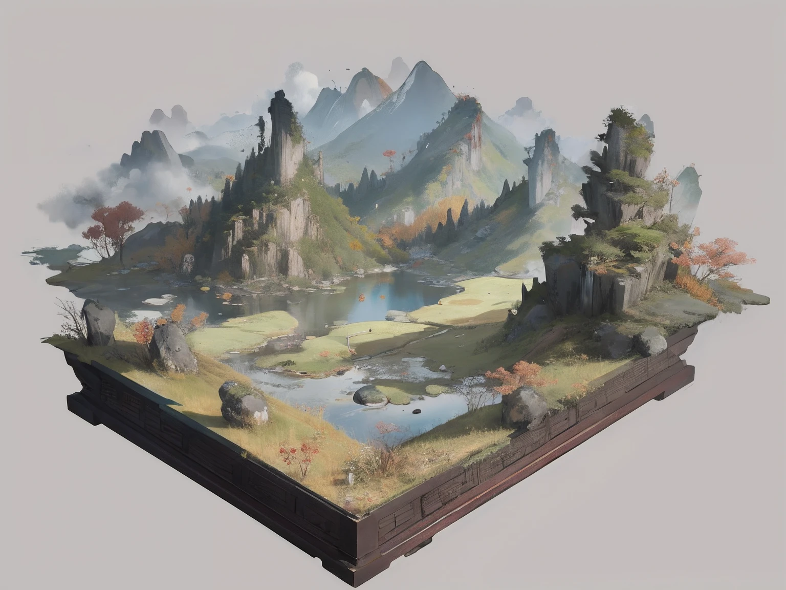 Chinese landscape ink painting high angle view OC rendering sculpture --ar 16:10 --s 750 --niji 5