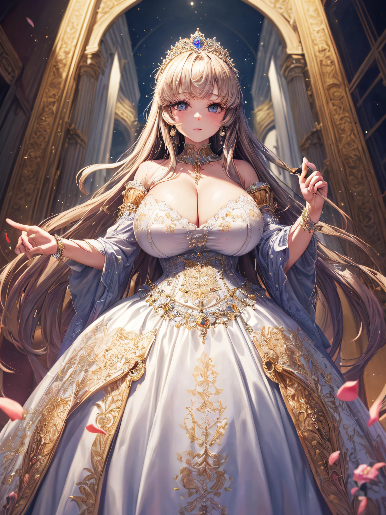 (masterpiece, best quality,extremely detailed,moe anime art style:1.2),1girl, (solo), cute, kawaii,digital art,((1 bling-bling anime princess wearing beautiful embroidery and jeweled gorgeous princess ballgown with voluminous full length hoop skirt)),((crinoline)),long train,voluminous frills,(gorgeous embroidery and beautiful lace),(very gigantic boobs,cleavage,skindentation),((shiny hair,absurdly voluminous straight hair,absurdly Long Hair)),((finely detailed face and eyes)),clear pupil,(bling-bling gorgeousfull jeweled big tiara),((bling-bling gorgeous gemstone jewelry)),long veil,((in beautiful luxury palace)),flowers,flower petals flowing,looking away,(((dynamic angle))),((beautiful embroidery and jeweled gorgeous princess ballgown with voluminous full length hoop skirt))