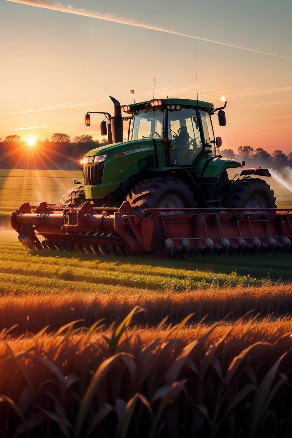 "Tractor applying fertilizer to the soil in a cornfield, with the sunrise in the background, showcasing details of the fertilizer falling to the ground."