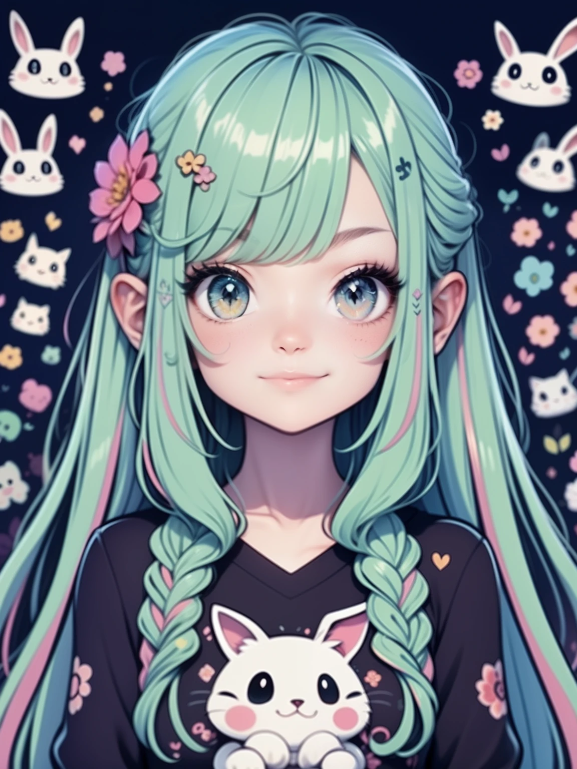 hightquality、Colorful color palette、high-level image quality、bunny rabbit、((Unprecedented amount of drawing))、Lots of information to draw、anime styled、Geometric pattern background、front facing、sticker style