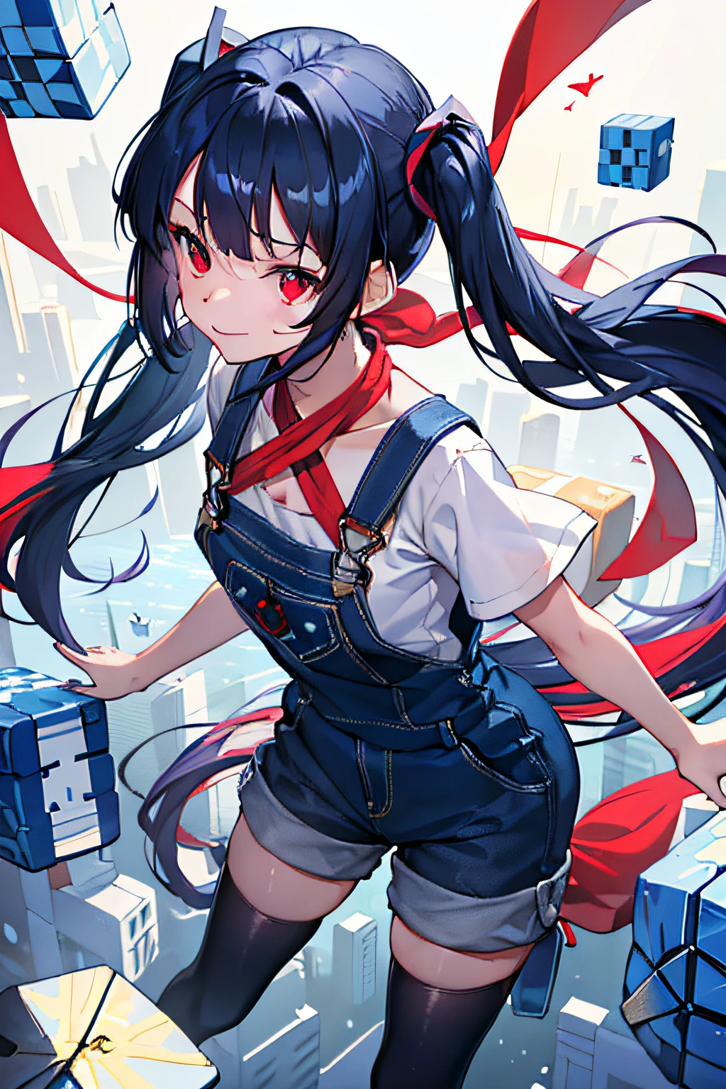 masterpiece, best quality, 1girl, (dark blue hair), ((twintail)), (bangs), (very very long hair), red eyes, (small smile), happy, wearing a short overalls, in the fantasy world, ((many blue necker cubes)), ((flying in the air))