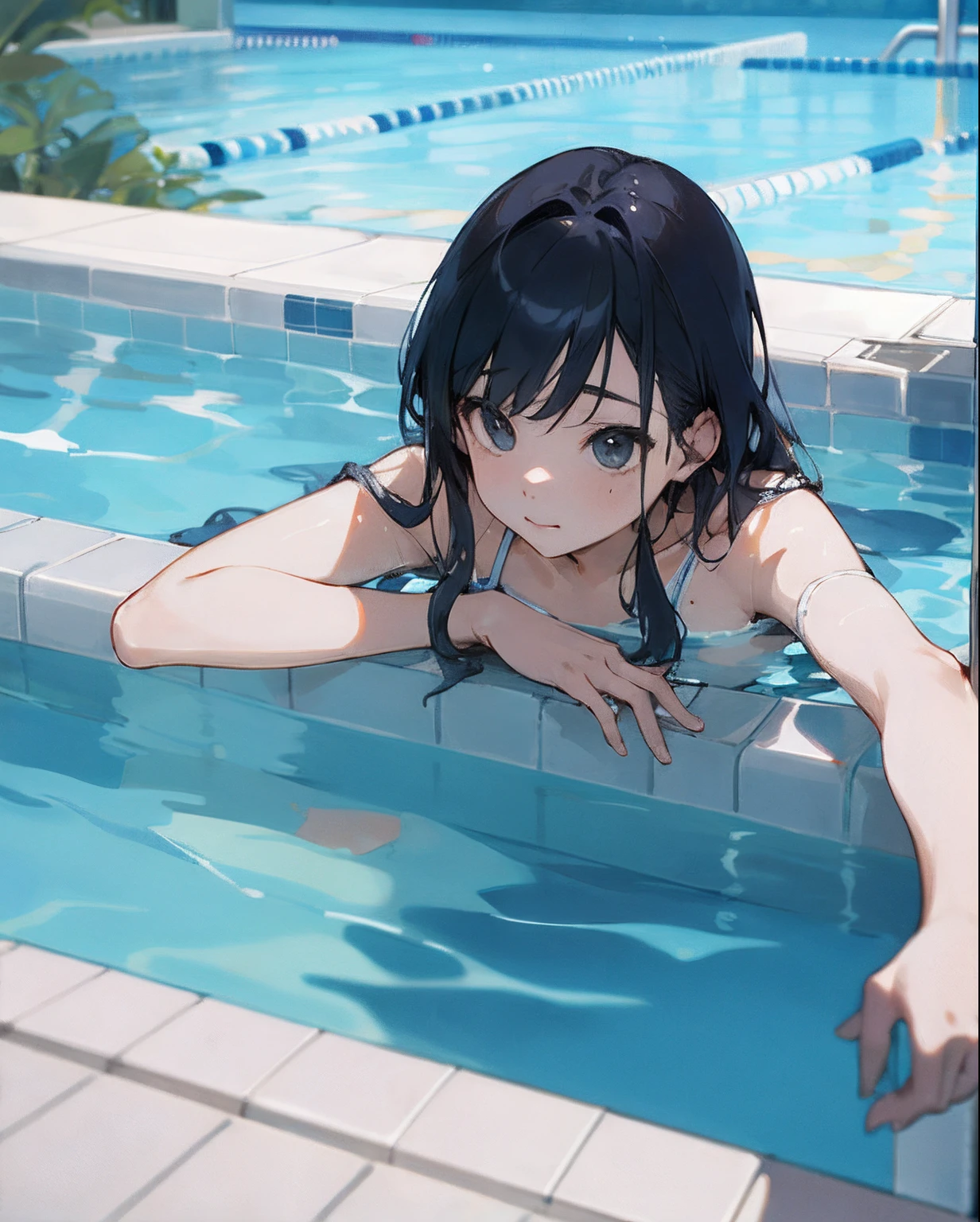 ultra-Top-quality by art God, ultra-detailed, high resolution, shinkai makoto style, anime moe artstyle, best anime 8k konachan wallpaper, pixiv contest winner, perfect anatomy, break,(Please draw a picture of a girl in a swimsuit sitting sleepily on a bench by the poolside alone.),break, a hyperrealistic school girl, (Solo,lolita, , 13-ar-1.3),l limbs, complete fingers, androgynous charm, (very short hair), wet hair, small breasts,slender body, Small butt, groin, Small black eyes,hanme,beautiful detailed eyes, well-proportioned iris and pupils, sleepy eyes, highres detailed hair, swimsuit, wet swimsuit, bare shoulders, thighs, in the school pool. break,super detailed skin, shiny skin, Best lighting powered by famous artist, 8k, illustration,UHD, textured skin,break,((artist:toosaka_asagi )), artist:clamp ,artist:carnelian ,artist:kantoku ,