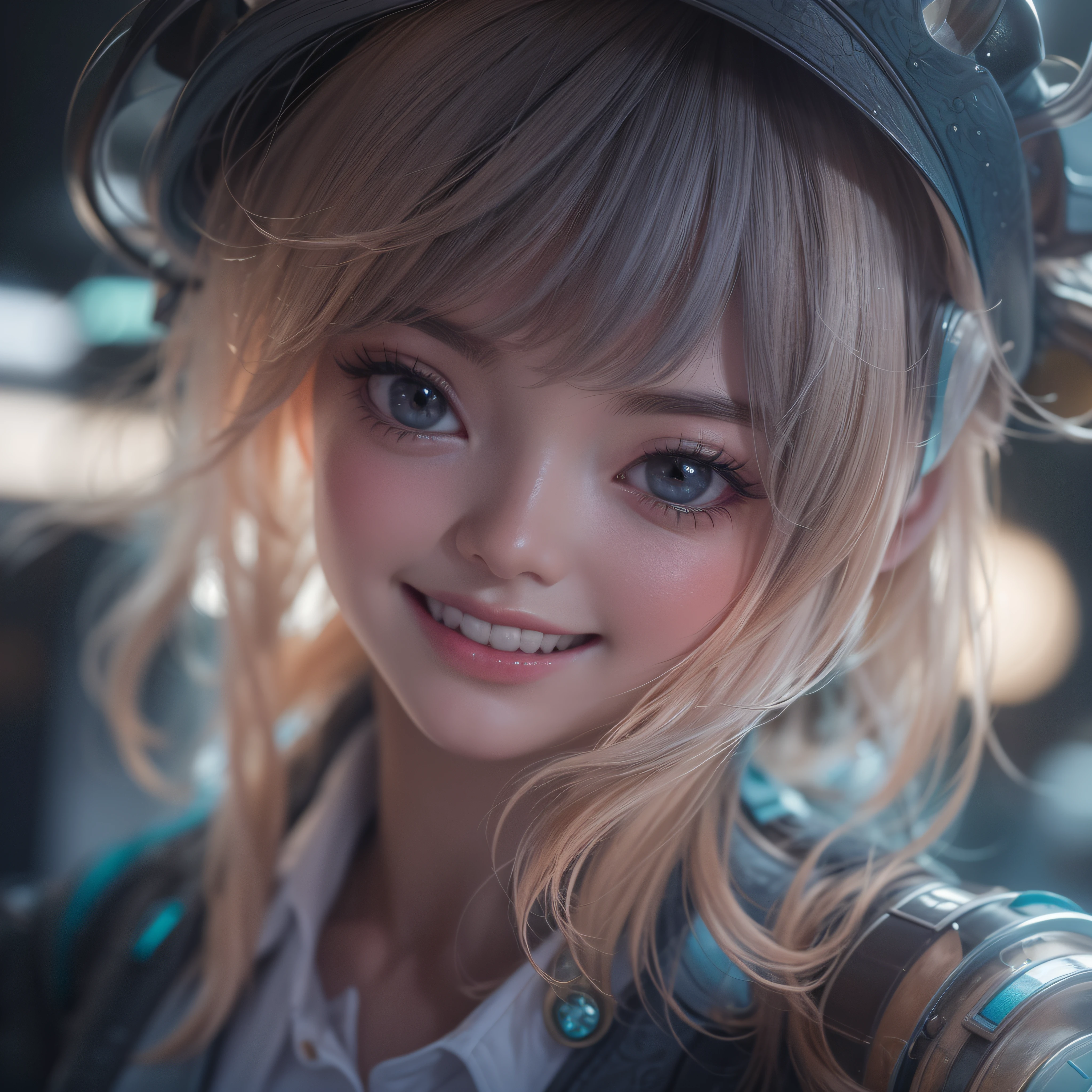 Close up of a smile with the corners of the mouth raised、head phone、head phone、Punk Fashion Cosplay、(realisitic、hight resolution)、(1 girl in)、Do-Up Eye、Korean Girl、(Best Quality), (masutepiece), (1girl in), Solo, a beauty girl, Perfect face, Big Breast,dreamlikeart、Highly detailed airbrush art((Surreal))、Volumetric lighting、(top-quality)、The ultra-detailliert、(The composition of the movement:1.4)、Highly detailed colorful details、(Bright lighting)、dynamic compositions、Ray traching、The mirror reflects light、Shallow depth of field、ultra-detailliert、mixing exposure、nffsw、