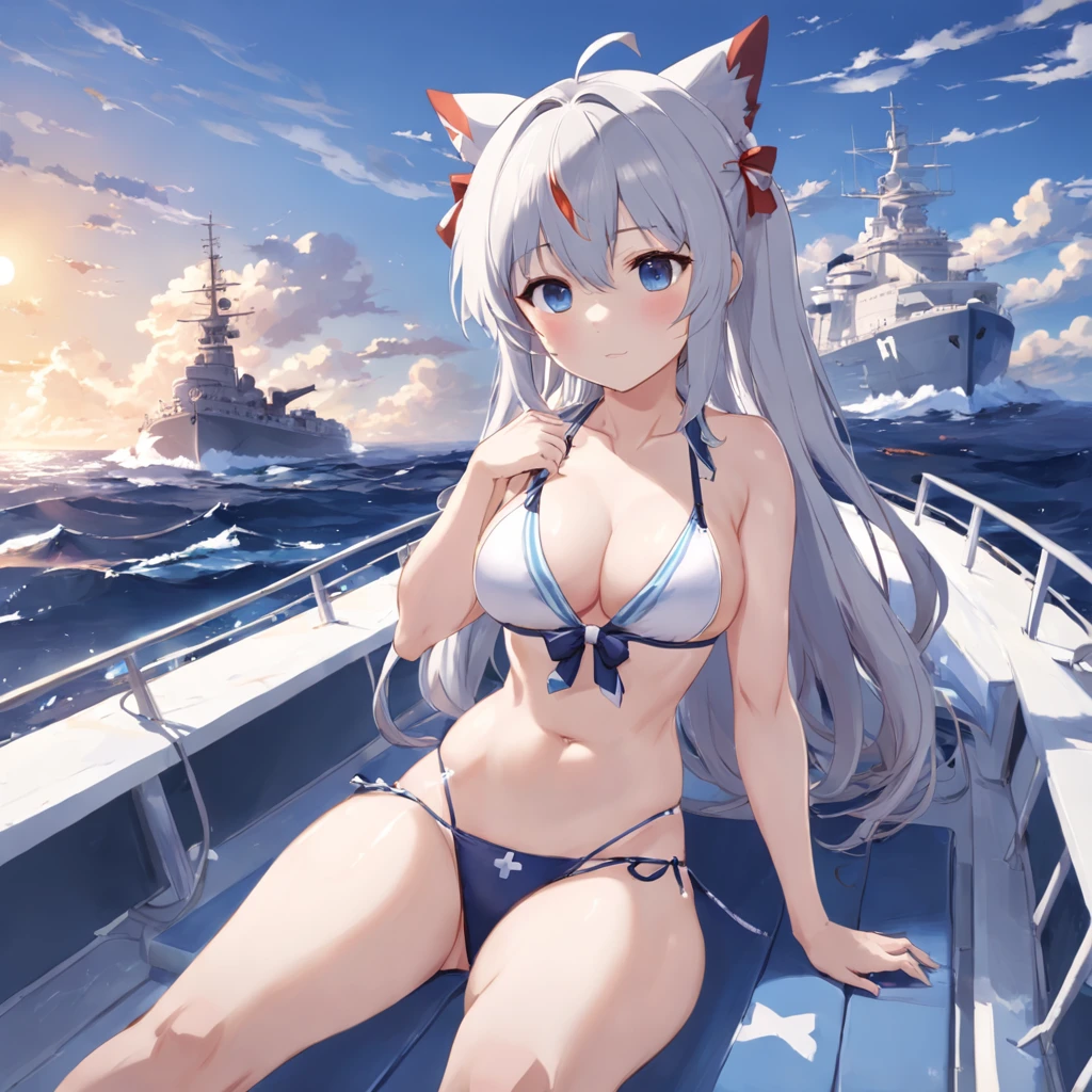 Anime girl sitting on a boat in a bikini,There is a lifebuoy, in a bathing suit, azur lane style, small curvaceous , A scene from the《azur lane》videogame, swim wears, in a bikini, Attire: Bikini, realistic bikini, in a bikini, Have by the sea, Kantai collection style, anime moe art style, Ayaka Genshin impact, thicc