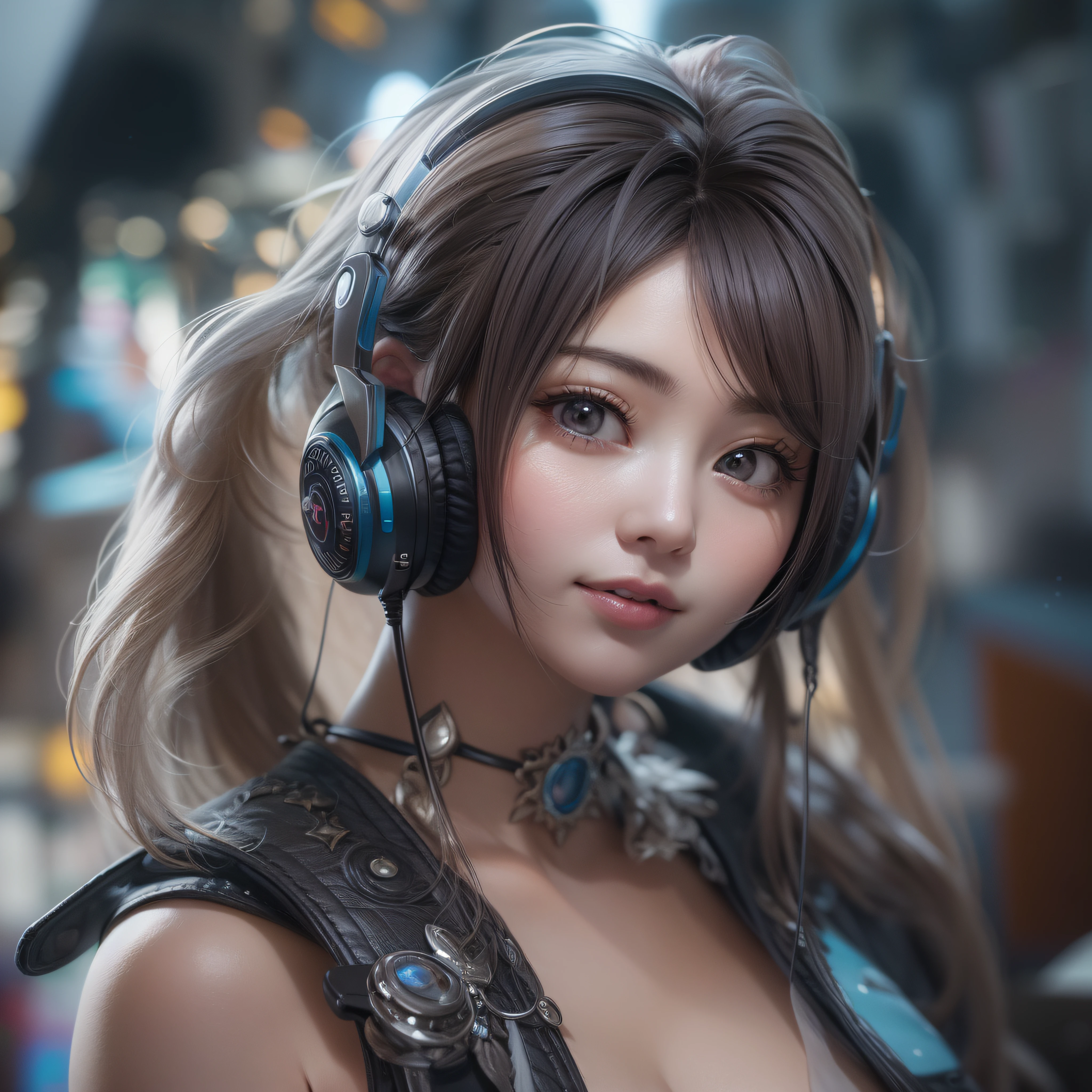 Close up of a smile with the corners of the mouth raised、head phone、head phone、Punk Fashion Cosplay、(realisitic、hight resolution)、(1 girl in)、Do-Up Eye、Korean Girl、(Best Quality), (masutepiece), (1girl in), Solo, a beauty girl, Perfect face, Big Breast,dreamlikeart、Highly detailed airbrush art((Surreal))、Volumetric lighting、(top-quality)、The ultra-detailliert、(The composition of the movement:1.4)、Highly detailed colorful details、(Bright lighting)、dynamic compositions、Ray traching、The mirror reflects light、Shallow depth of field、ultra-detailliert、mixing exposure、nffsw、