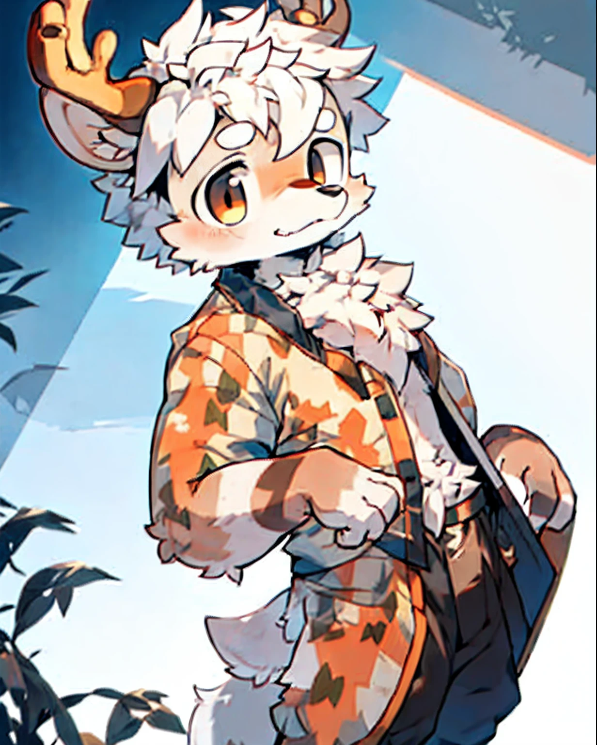 Deer Boy，deer antlers，White hair，malefocus，Male hairy，8  boy，Stand up，ssmile，is shy