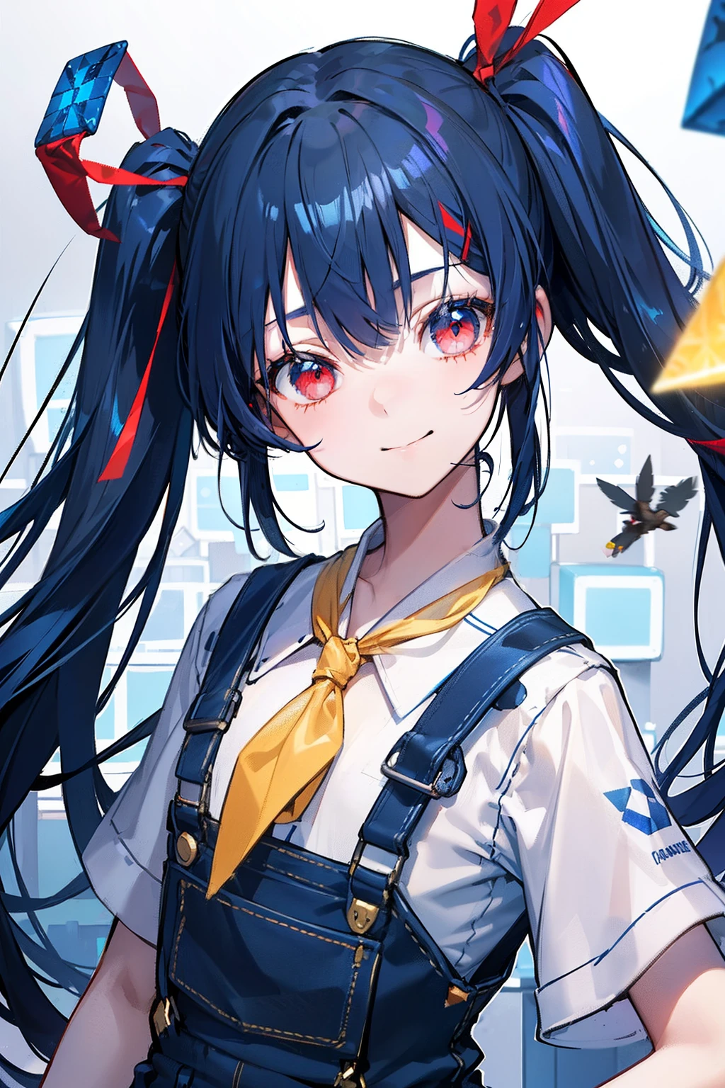 masterpiece, best quality, 1girl, (dark blue hair), ((twintail)), (bangs), (very very long hair), hair ribbons, red eyes, (small smile), happy, wearing a short overalls, in the fantasy world, ((many blue necker cubes)), ((flying in the air)), fun, ((detail face)), dynamic, to the lower half, holding a neon necker cube