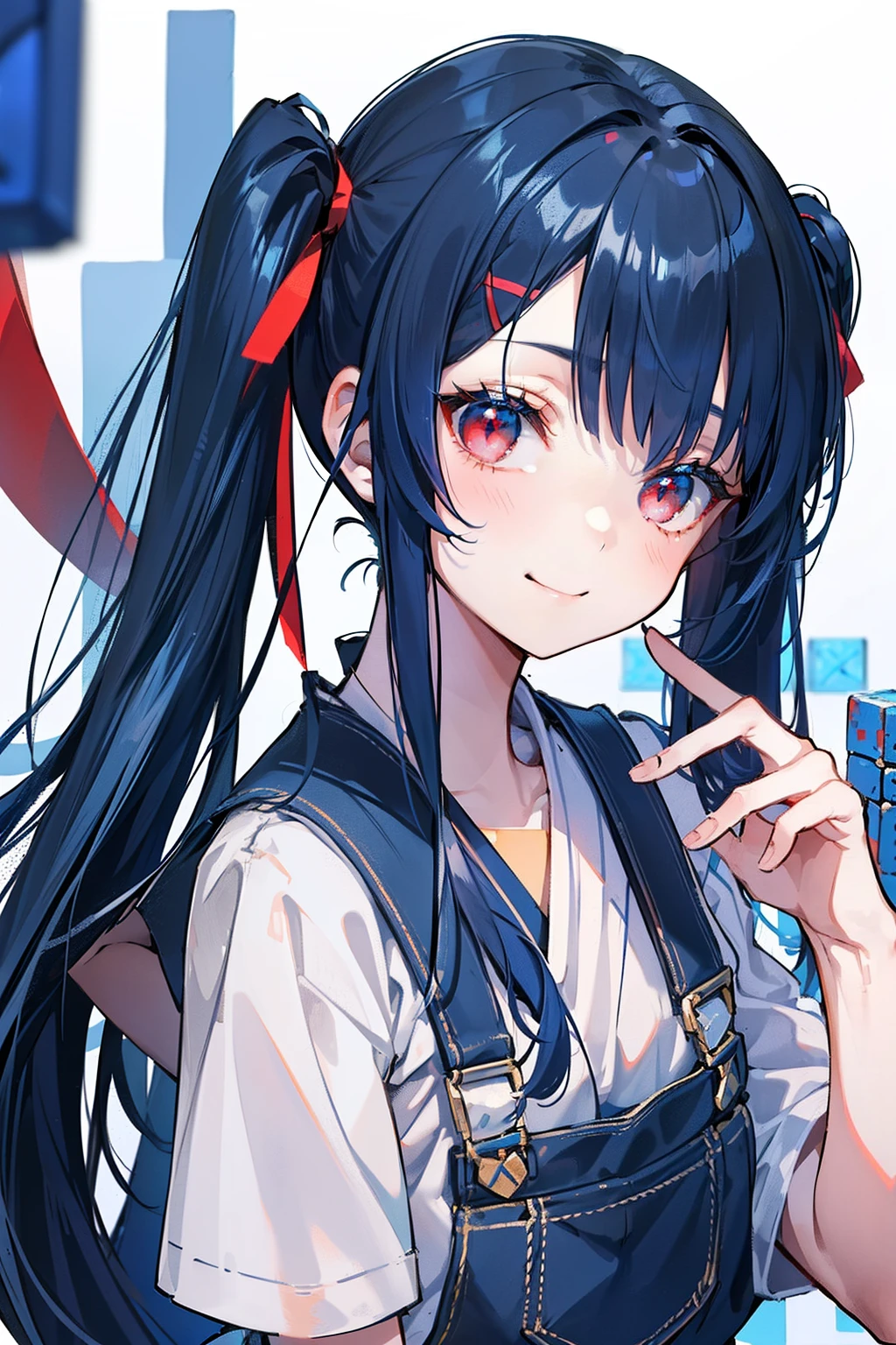 masterpiece, best quality, 1girl, (dark blue hair), ((twintail)), (bangs), (very very long hair), hair ribbons, red eyes, (small smile), happy, wearing a short overalls, in the fantasy world, ((many blue necker cubes)), ((flying in the air)), fun, (((detail face)))
