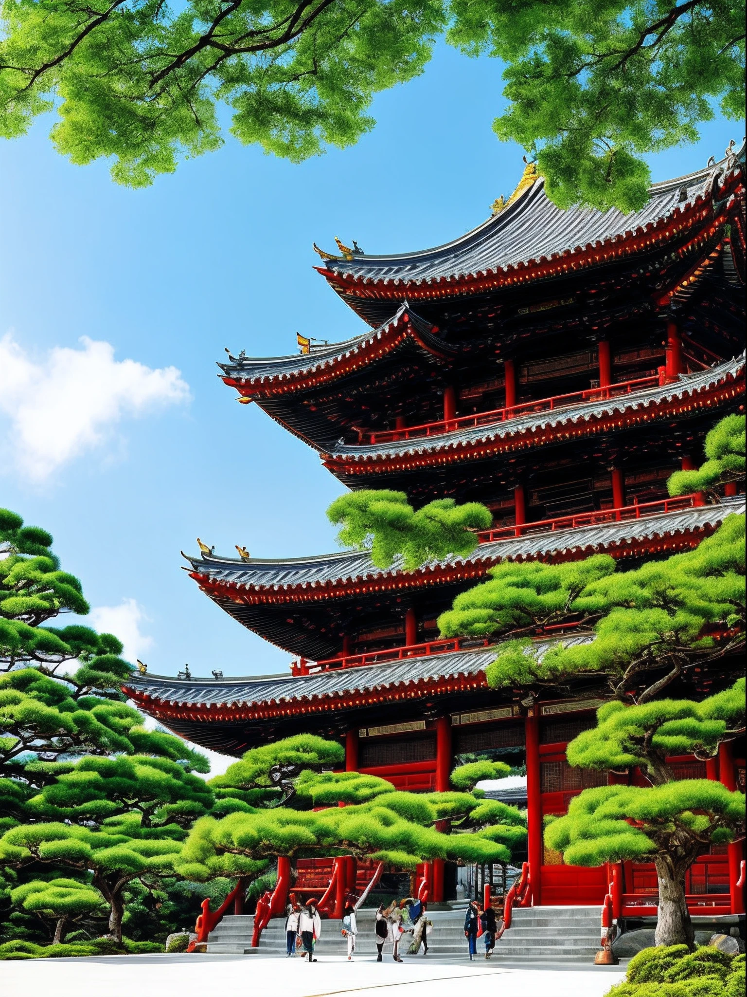Illustration of several children walking up to the pagoda,Zen temple background,digital painting of a pagoda,Beautiful rendering of the Tang Dynasty,Shadows。Asian landscape, Japan Art Style, background depicting a temple, oriental wallpaper, Chinese landscape, Japanese Landscape, Chinese style, japanese art art, Japanese style painting, Ancient Chinese architecture, Chinese architecture,Pure blue sky,Beautiful tree,Red-green tones,Figurative characters,Pine trees have details,The pavilion becomes smaller