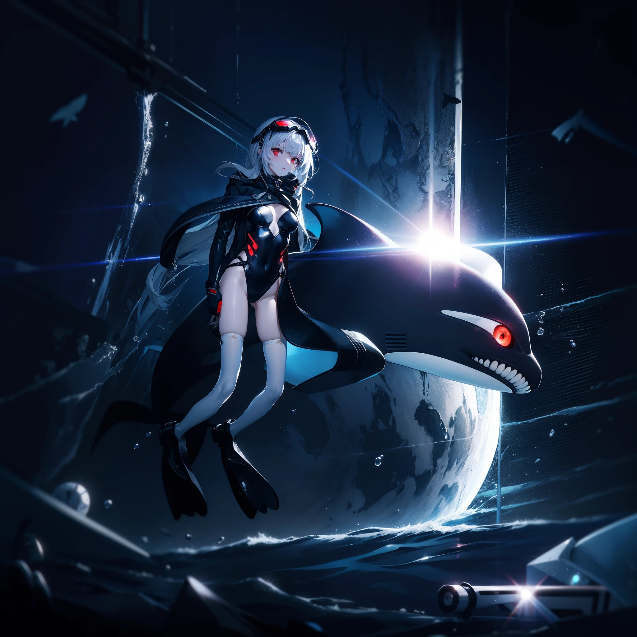 masterpiece,(bestquality),highlydetailed,ultra-detailed, cold , 1girl, breasts, , Wing-like bangs,Dull hair,long whitr hair,hair loops,Long straight hair,center opening, gloves, goggles, goggles on head, red eyes, gun, horizon, leotard, lipstick, looking at viewer, makeup, ocean, pale hair, sky, solo, thighhighs, underwater, water, watercraft, weapon,killer whale