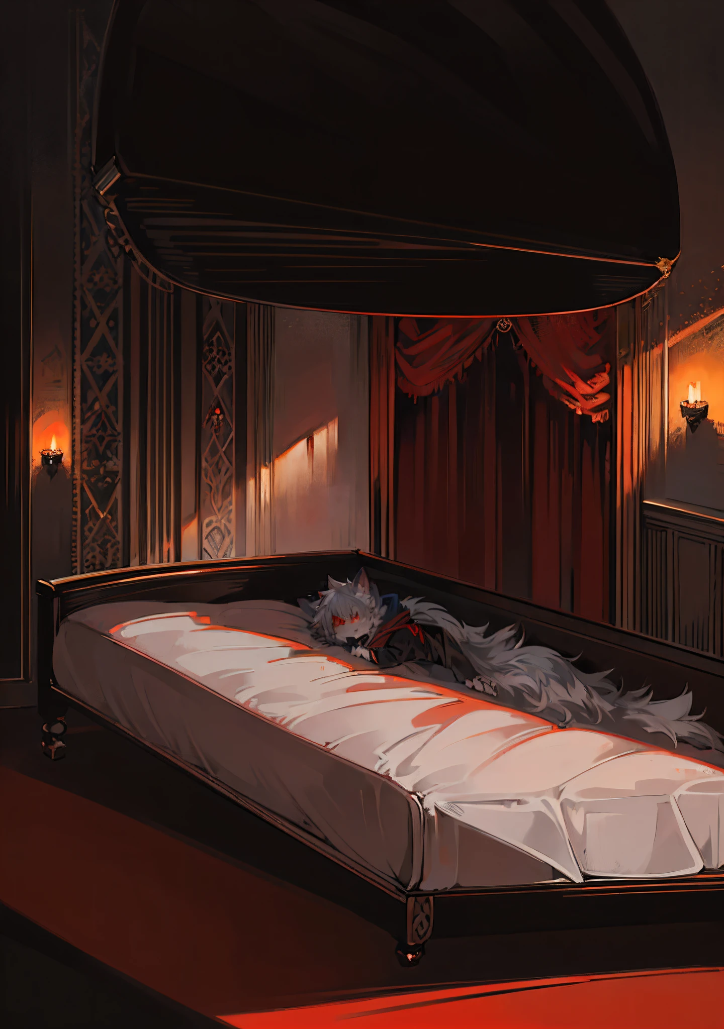(dark environment:0.8),masterpiece, high quality, absurd res, digital painting \(artwork\), by dagasi, yupa,kiyosan,(anthro,fluffy fur,character focus:1.1),anthro male cat,short hair,portrait, bright eyes,panorama,character focus.(detailed background:0.7),solo,furry,furry male ,male focus,anthr,(Full body fur, fluffy tail, white fur,red eyes,gray hair:1.2),(long canines,vampire, cape:1.2),(interior,night, castle, coffin:1.1)