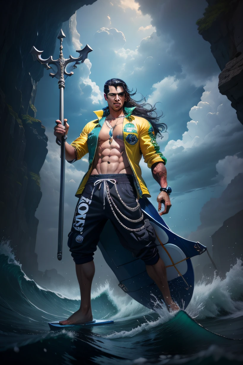Make this poseidom have a Brazilian style with baggy street clothes and surfing, deixe o rosto certo