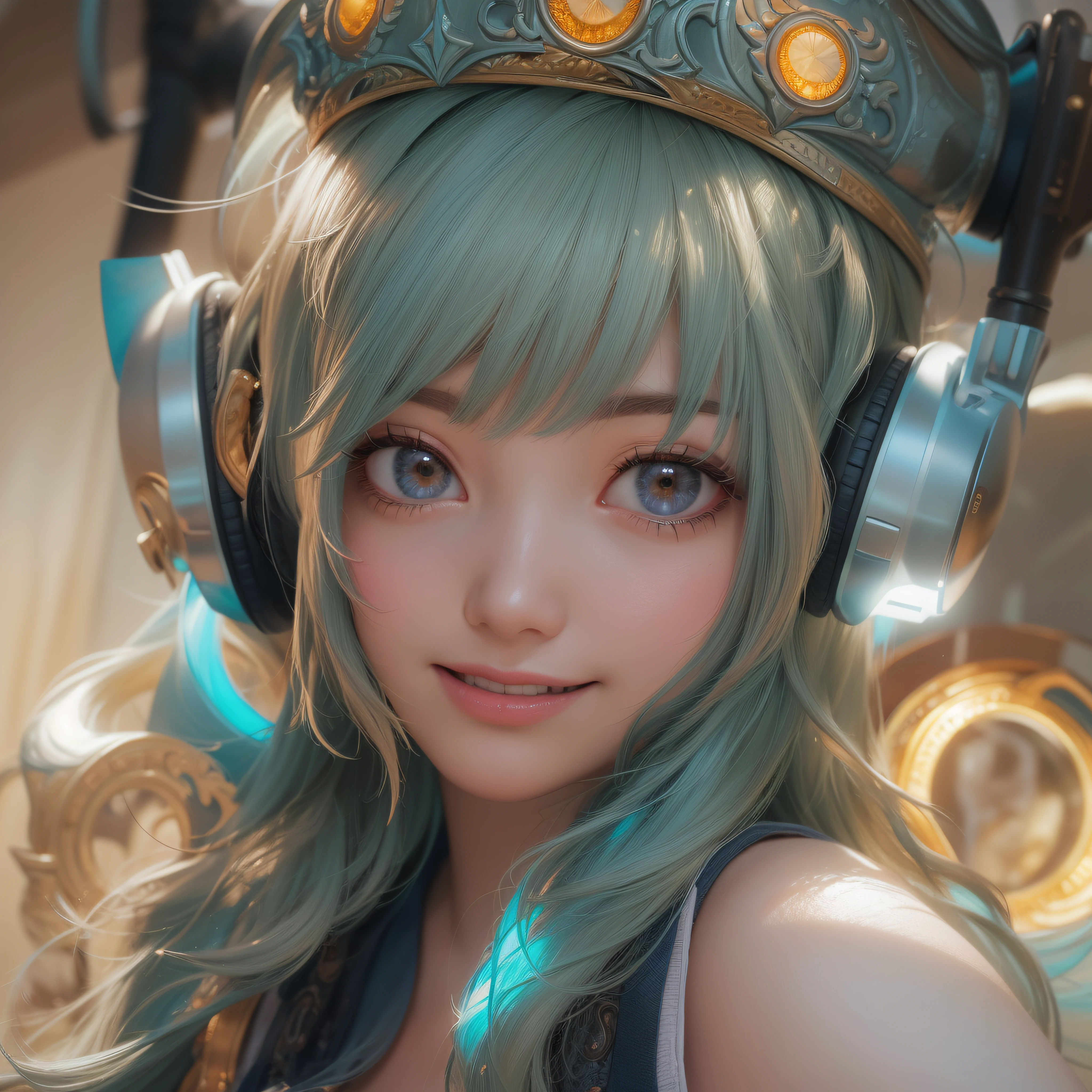 Close up of a smile with the corners of the mouth raised、head phone、head phone、Punk Fashion Cosplay、(realisitic、hight resolution)、(1 girl in)、Do-Up Eye、Korean Girl、(Best Quality), (masutepiece), (1girl in), Solo, a beauty girl, Perfect face, Big Breast,dreamlikeart、Highly detailed airbrush art((Surreal))、Volumetric lighting、(top-quality)、The ultra-detailliert、(The composition of the movement:1.4)、Highly detailed colorful details、(Bright lighting)、dynamic compositions、Ray traching、The mirror reflects light、Shallow depth of field、ultra-detailliert、mixing exposure、nffsw、