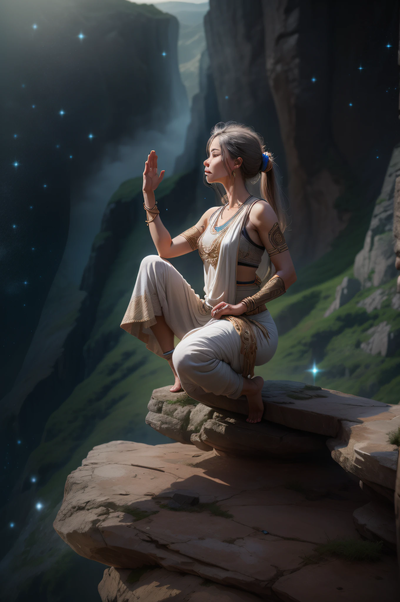 An ancient woman from a distant planet balanced gracefully on a cliff's edge. She found serenity in the universal language of yoga, bridging the cosmos with every breath.