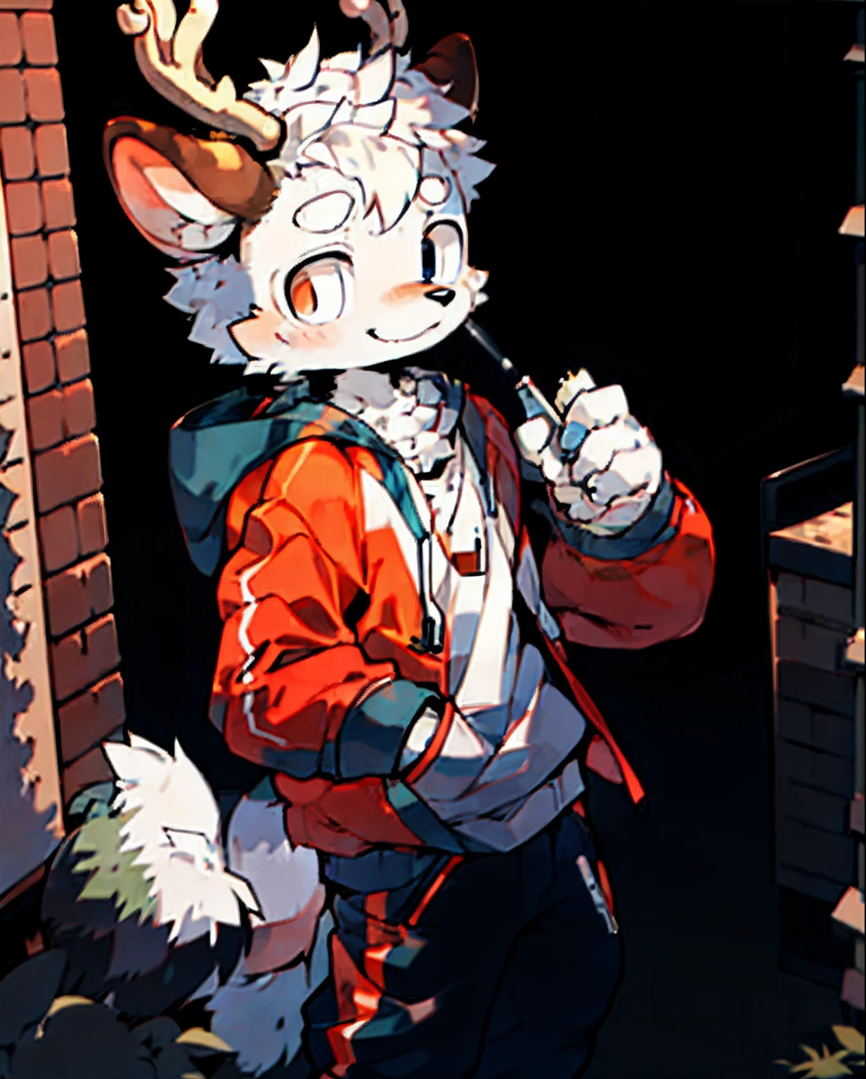 Deer Boy,deer antlers,White hair,malefocus,Male hairy,8 year old boy,Hoodies,Drink in hand,Night street,Stand up,ssmile,is shy