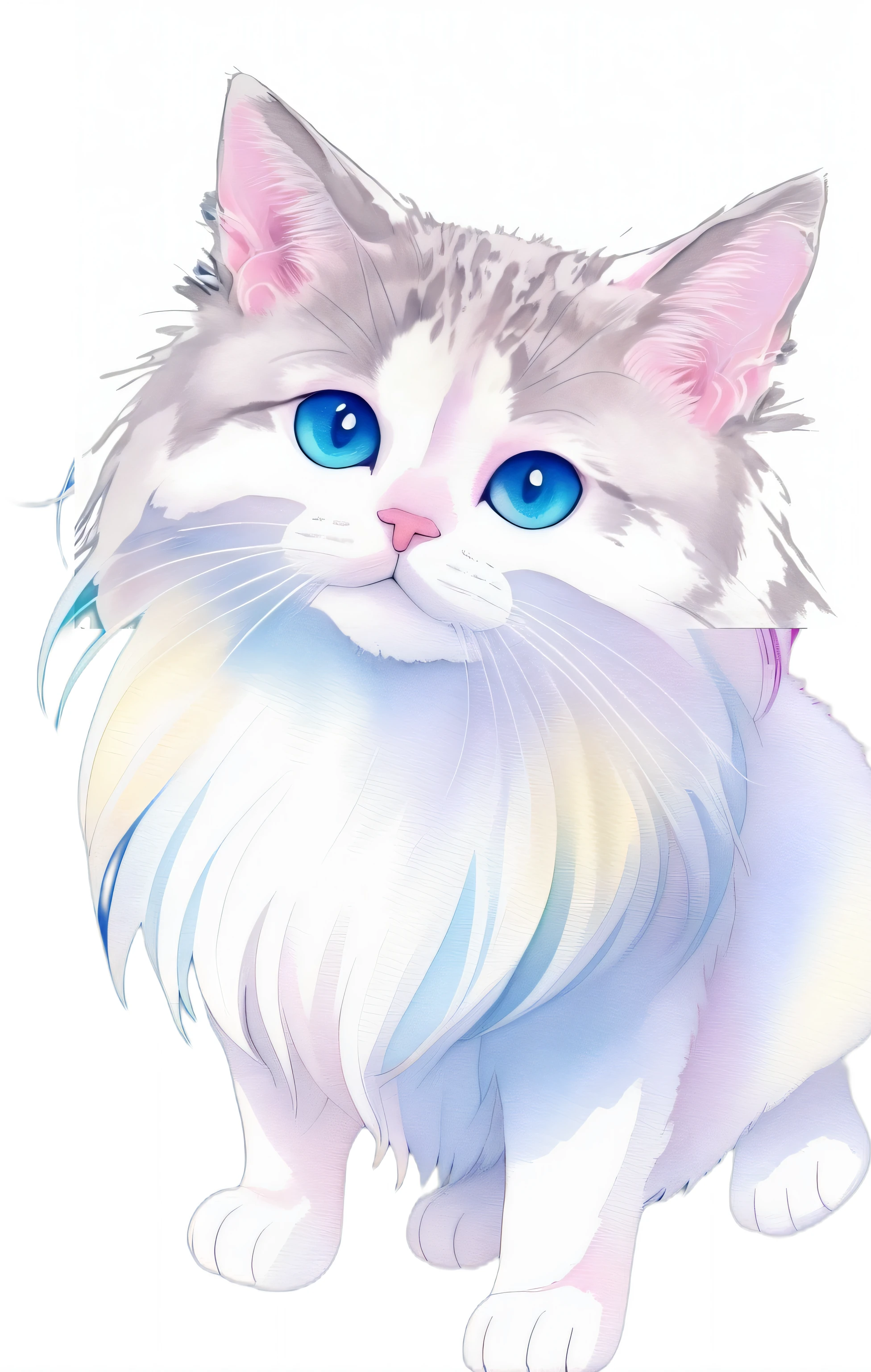 There is a white cat with blue eyes and a white tail, realistic anime cat, anime cat, Cat. Digital Painting, Fluffy cat, cat detailed, With blue fur and blue eyes, anthropomorphic female cat, cute detailed digital art, anime visual of a cute cat, Fluffy Cat T-Shirt Design, Cute digital art, very very beautiful furry art