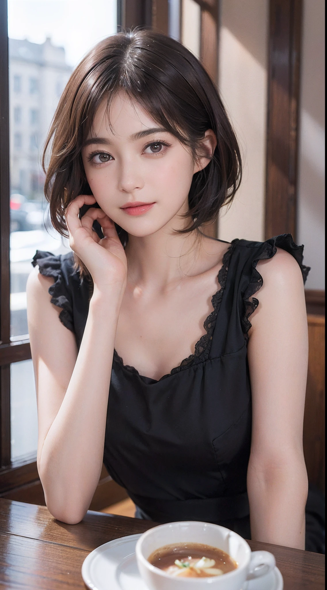 (Masterpiece:1.3), (8K picture quality), Photorealsitic, Raw photo, (Best Quality: 1.4), (1womanl), Pretty Face, (Realistic face), (A dark-haired, Short hair:1.3), Beautiful hairstyle, Realistic eyes, Detailed fine eyes, (Realistic skin), Beautiful skin, (Breasttop), Absurd, Attractive, Ultra-detailed resolution, the golden ratio, Very detailed, depth of fields, By the window of the café, A slight smil