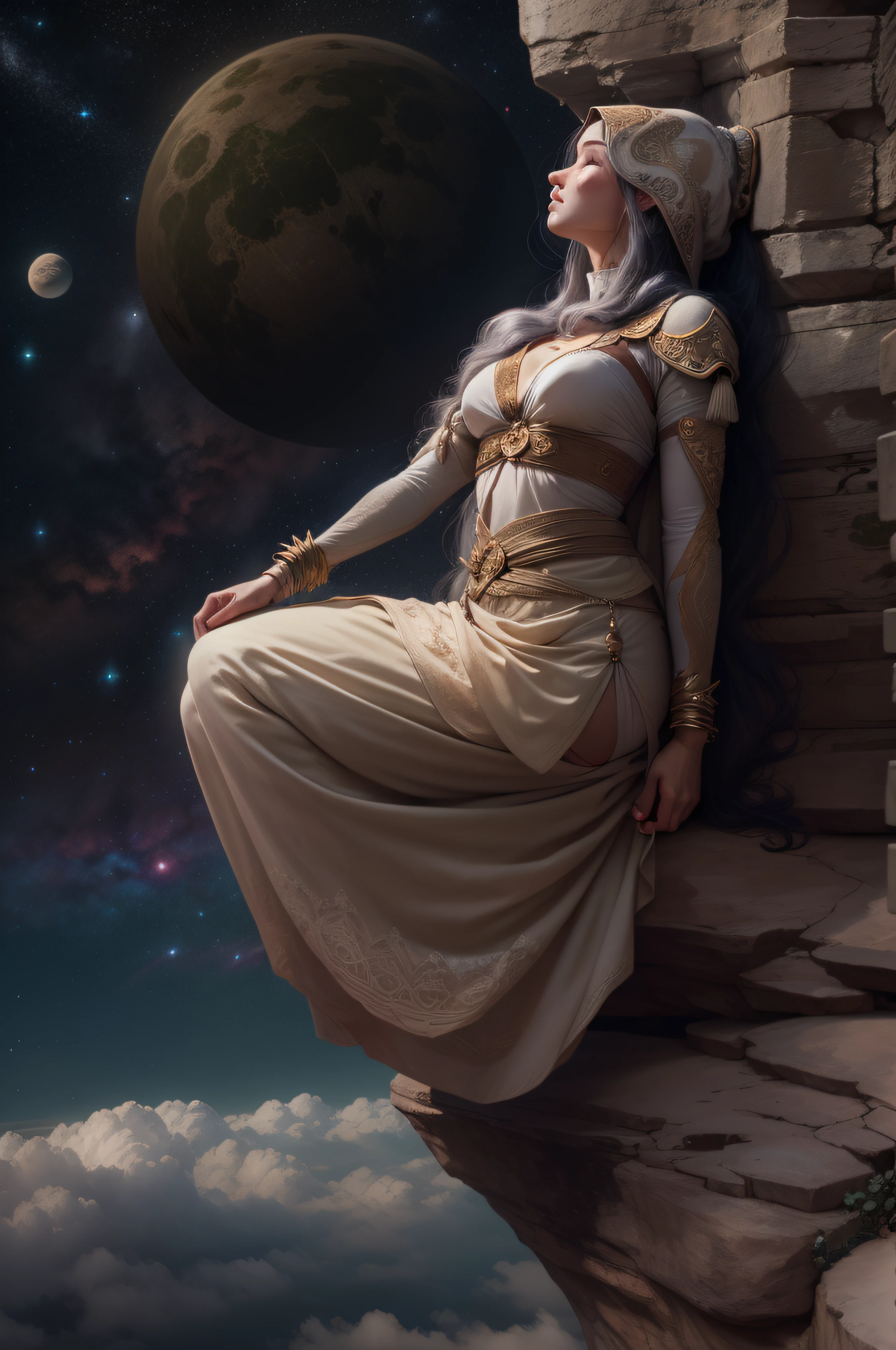 An ancient woman from a distant planet balanced gracefully on a cliff's edge. She found serenity in the universal language of yoga, bridging the cosmos with every breath.