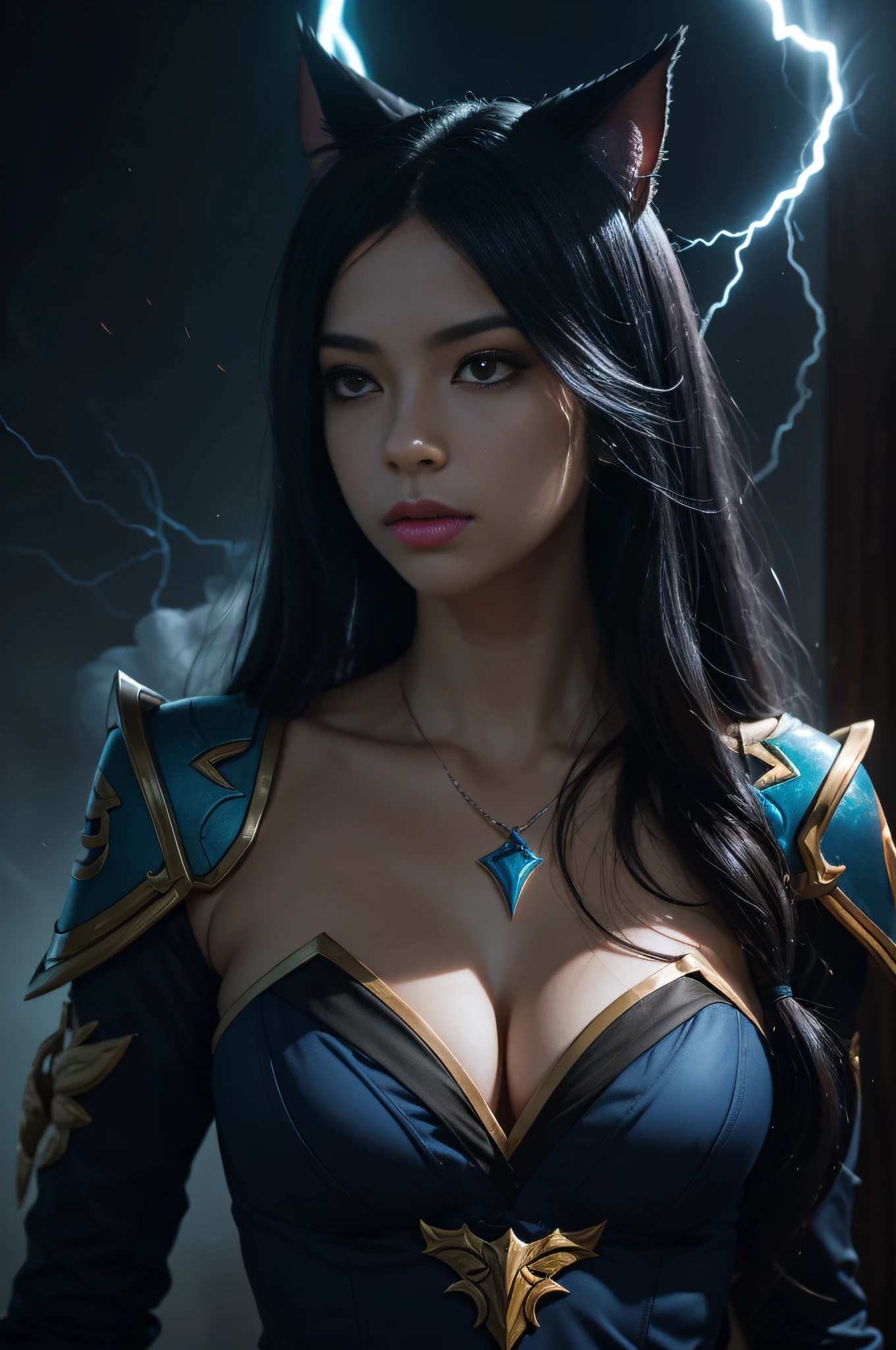 ((Ahri de League of Legends, Ultra realista)), (((corpo inteiro))), ((perfect hands)), Usando a Arma Samurai, fundo antigo, elegante, gray and black smoke, atordoante, hyper realistic, octan render, surrounded by the effect of smoke and lightning, Estilo League of Legends, fundo antigo, elegante, deslumbrante, (papel de parede), arte conceitual, detalhes intrincados, altamente detalhado, ((cinemactic)), Dramatic, (mais alta qualidade, Concedido, obra-prima:1.5), (fotorrealista:1.5), fotografia, Realistic photo, Nikon, Luz Natural, 4k, highes definition, XF IQ4, 150MP, 50 millimeters, ISO 1000 Certification, 1/Anos 250, Luz Natural, Adobe Lightroom, photolab, Photographic Affinity, PhotoDirector 365,