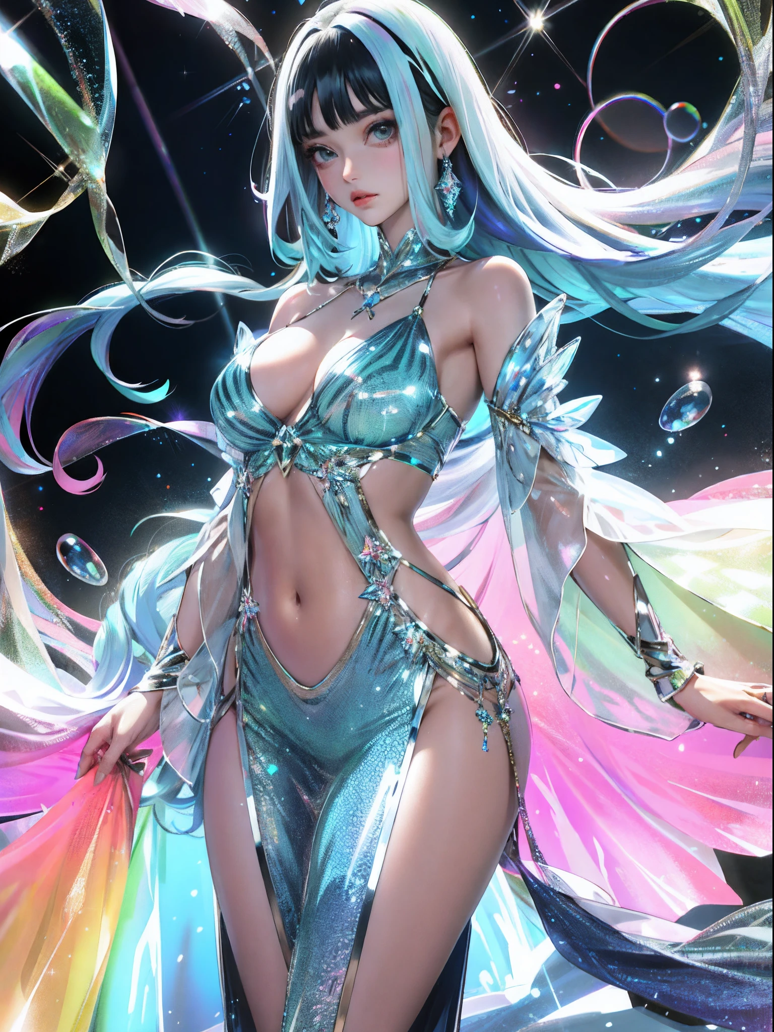 anime, girl, reflective transparent iridescent opaque skirt, reflective transparent iridescent opaque Clothes with wide sleeves revealing the navel, long transparent iridescent RGB hair, bubbles