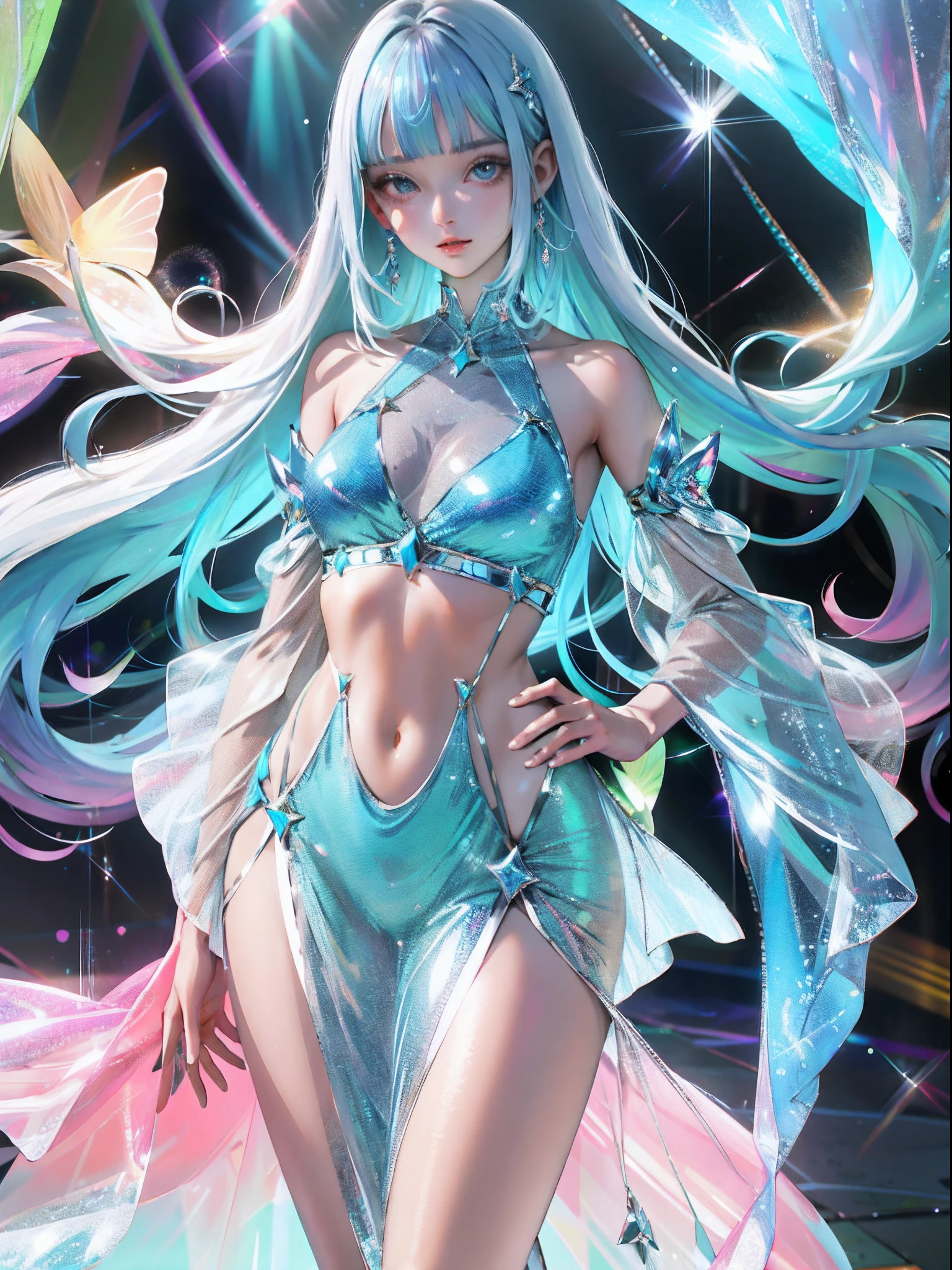 anime, girl, reflective transparent iridescent opaque skirt, reflective transparent iridescent opaque Clothes with wide sleeves revealing the navel, long transparent iridescent RGB hair, bubbles