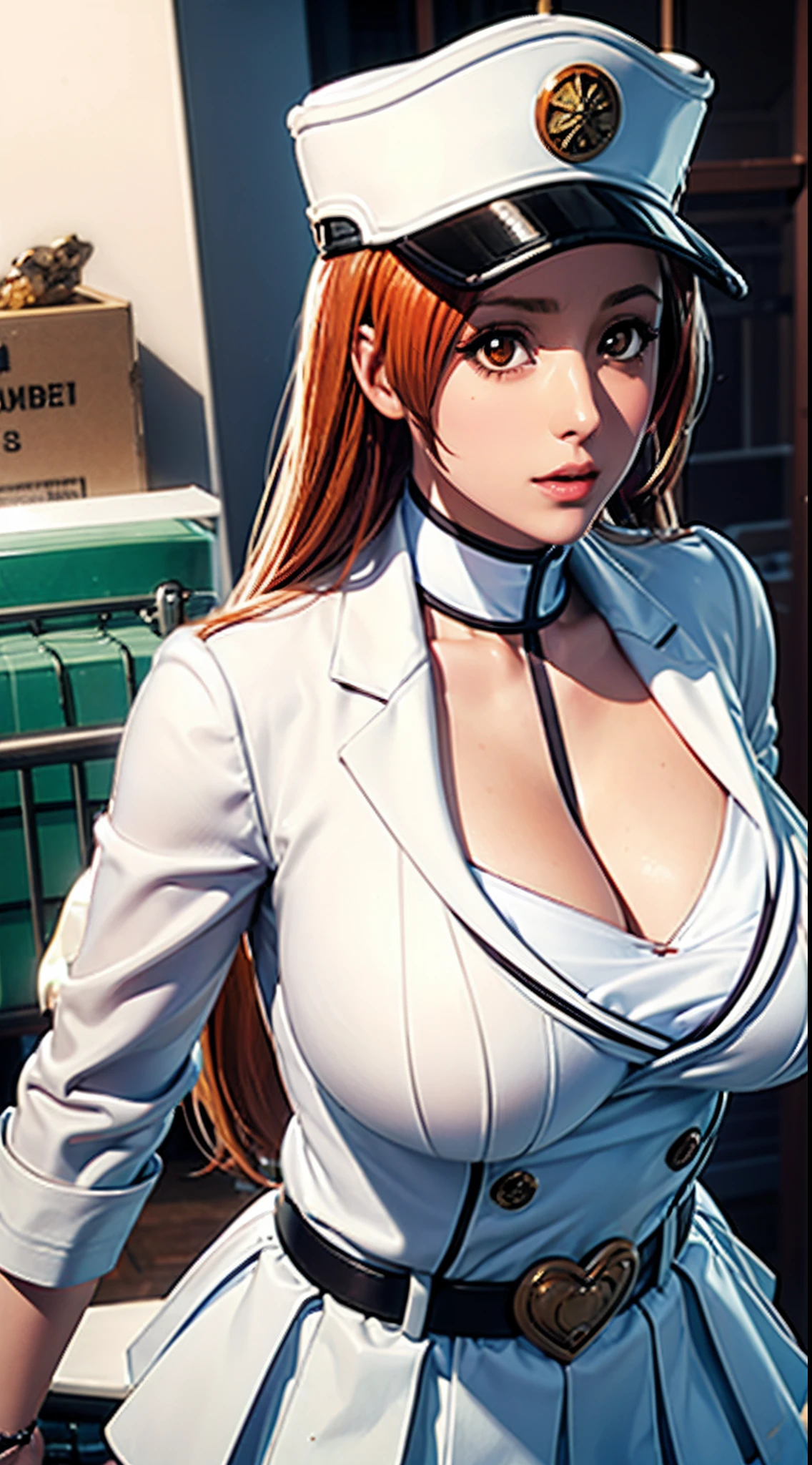 （（（Orihime,Orihime,inoueorihime, By bangs，Long hair， Orange hair, (Brown eyes:1.5),Light and shadow interlace，with brown eye， looking at viewert, There is light in the eyes，Orange hair，Hair decoration，laughingly，self-assured）））